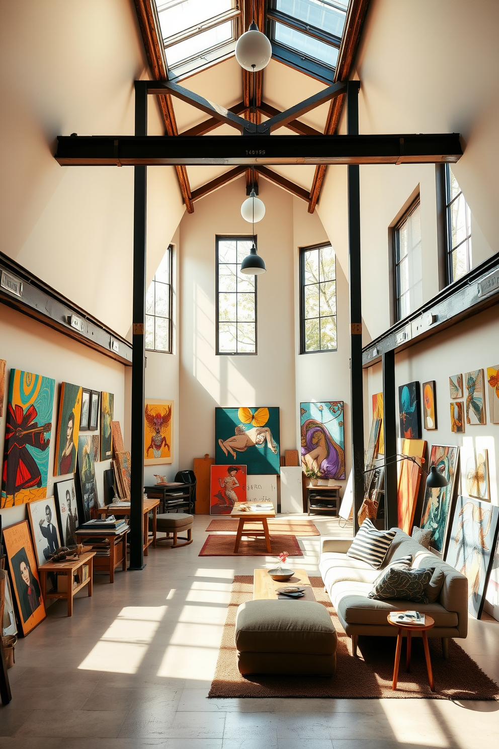 A unique art studio filled with ample natural light. The walls are adorned with large windows that let in sunlight, illuminating the space where vibrant artwork is displayed. Modern attic design ideas featuring a cozy yet stylish atmosphere. Exposed beams and a sleek color palette create a contemporary feel, while comfortable seating invites relaxation and creativity.