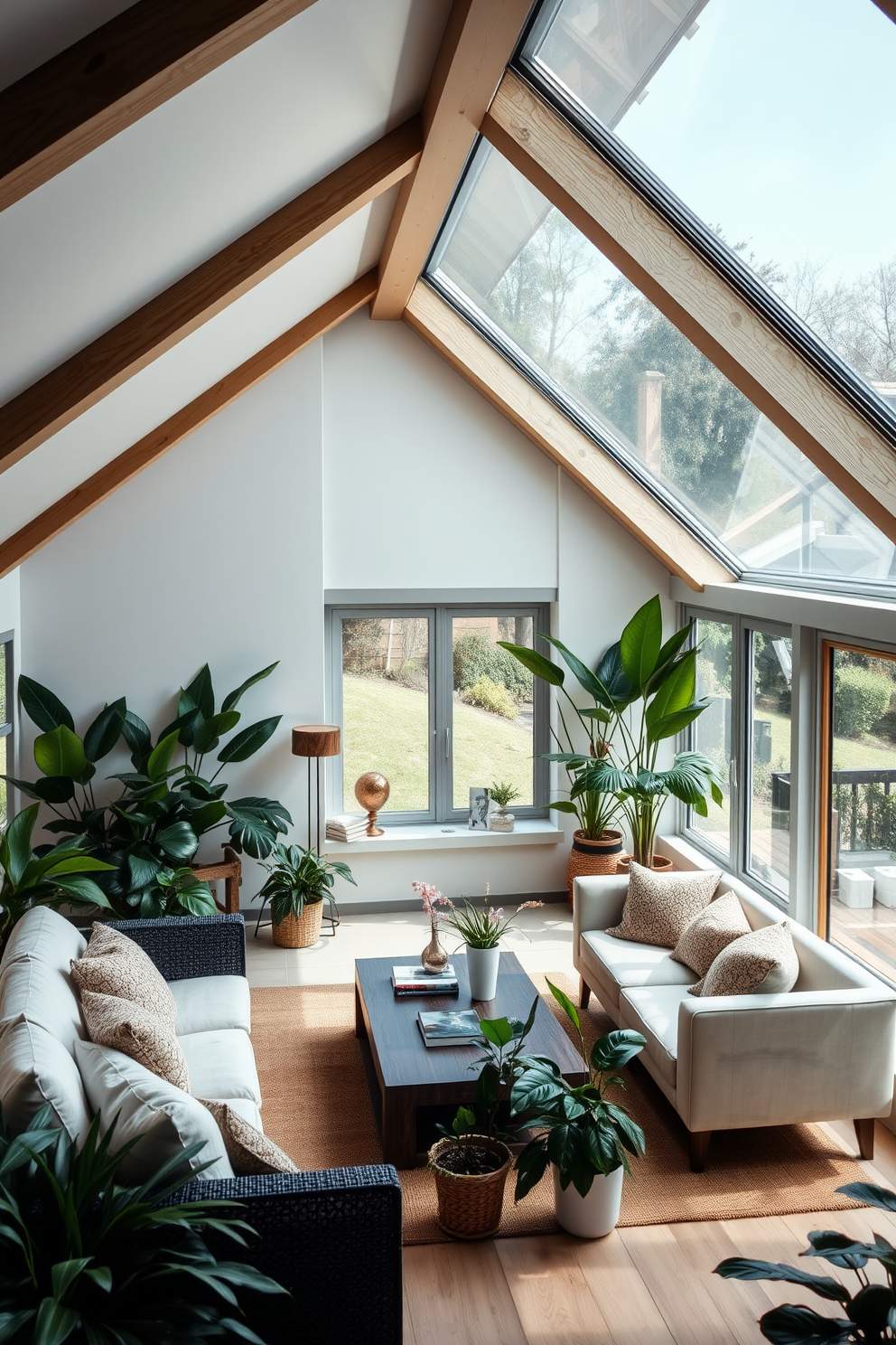 Inviting sunroom with large windows. The space is filled with natural light and features comfortable seating arrangements with plush cushions and a coffee table surrounded by vibrant indoor plants. Modern attic design ideas. The attic is transformed into a stylish retreat with sleek furniture, exposed beams, and a cozy reading nook by the window, accented by minimalist decor and soft lighting.