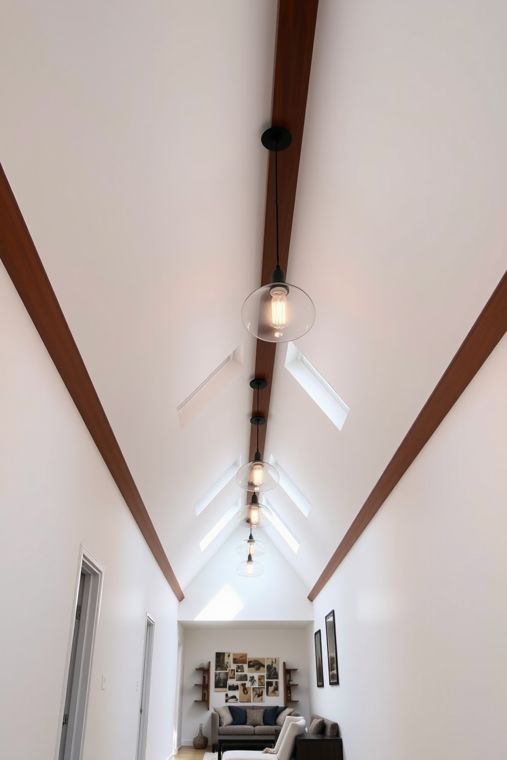 Bright hallway with decorative lighting. The walls are painted in a crisp white, and the ceiling features elegant pendant lights that create a warm ambiance. Modern attic design ideas. The space is filled with natural light from skylights, showcasing a minimalist aesthetic with clean lines and a cozy seating area.