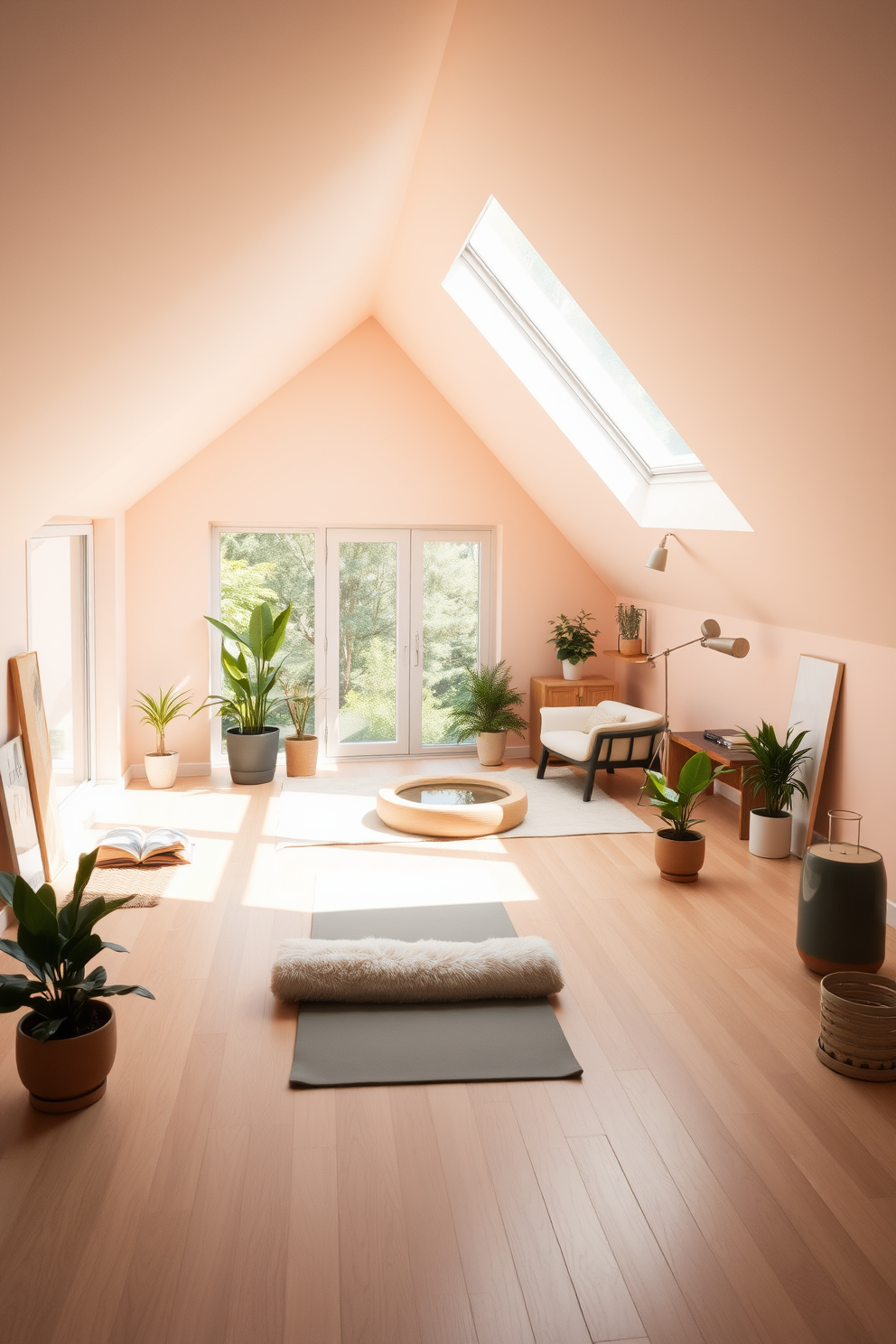 A serene yoga space featuring soft pastel colors and natural light filtering through large windows. The room is adorned with minimalist decor, including a plush yoga mat, potted plants, and a calming water feature. Modern attic design ideas that embrace open spaces and sleek lines. The area is transformed with contemporary furniture, a cozy reading nook, and large skylights that invite ample sunlight.