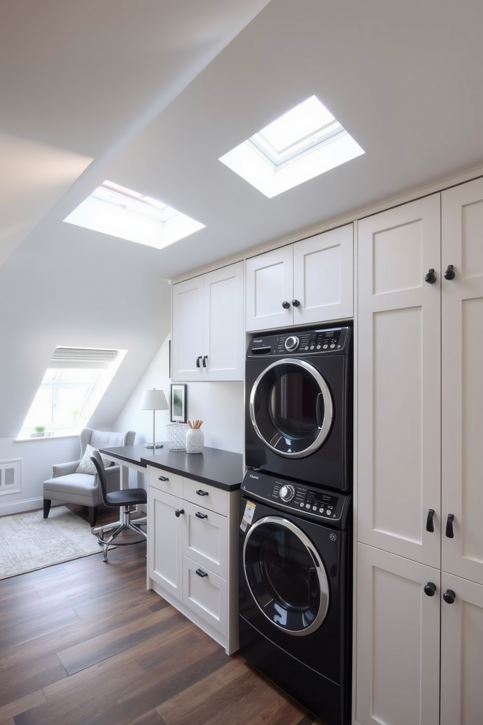 A functional laundry area with clever storage features a built-in cabinetry system that maximizes vertical space. The room includes a large countertop for folding clothes, a stylish washer and dryer stacked to save space, and decorative baskets for organization. Modern attic design ideas create an inviting space with sloped ceilings and skylights that bring in natural light. The design includes a cozy reading nook with a plush chair, a small desk for work, and minimalist decor that emphasizes the room's architectural features.