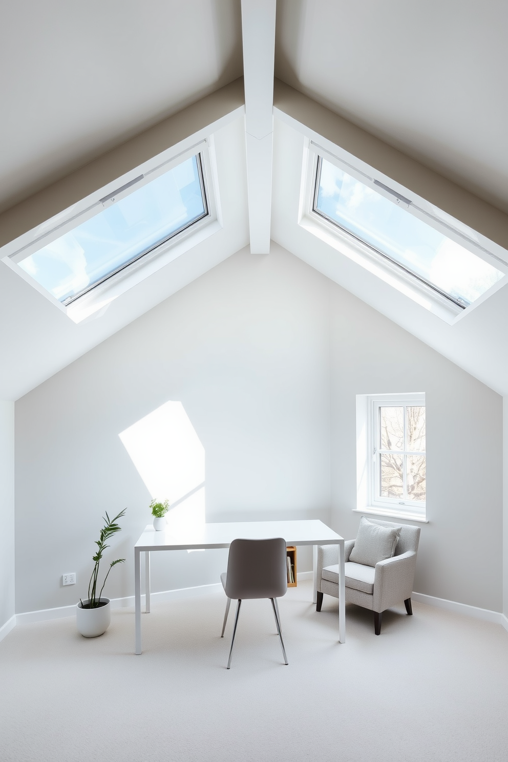 A minimalist workspace with clean lines features a sleek white desk positioned against a large window that allows natural light to flood the room. A simple black chair with a geometric design complements the desk, while a few carefully selected plants add a touch of greenery. Modern attic design ideas showcase a cozy yet stylish atmosphere with exposed wooden beams and large skylights that enhance the sense of space. A comfortable reading nook is created with a plush armchair and a small side table, surrounded by shelves filled with books and decorative items.