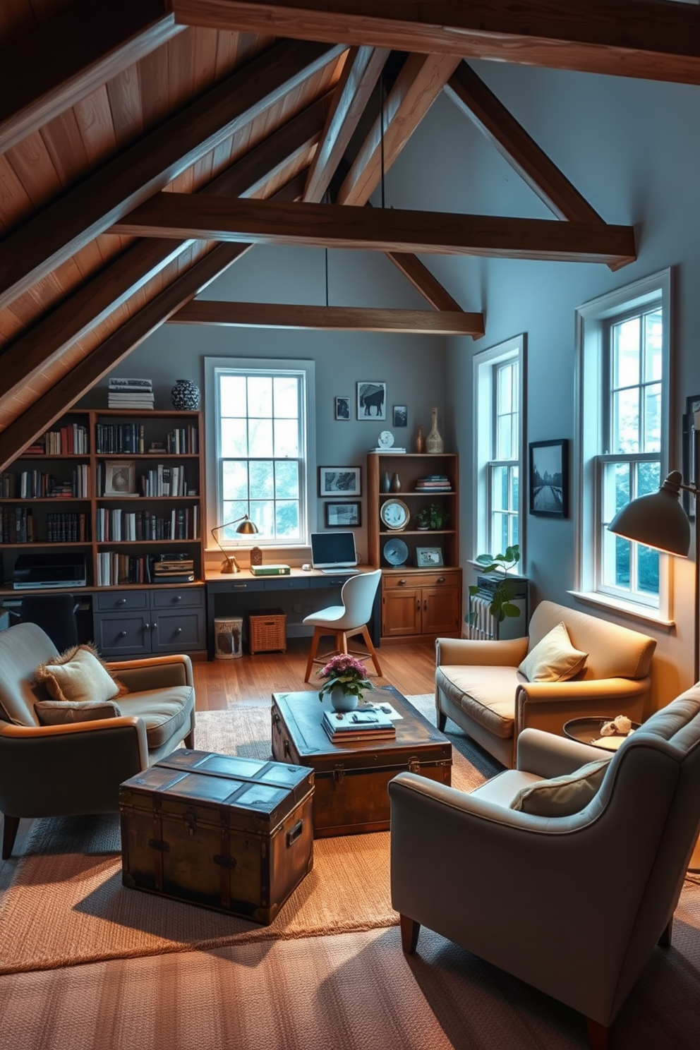 Charming vintage decor in cozy attic. The space features exposed wooden beams and soft, warm lighting that enhances the inviting atmosphere. A vintage trunk serves as a coffee table surrounded by an assortment of mismatched armchairs. Shelves are lined with books and nostalgic decor, creating a personal touch that reflects the owner's character. Modern Attic Design Ideas. The design incorporates sleek furniture with clean lines and a neutral color palette for a contemporary feel. Large windows allow natural light to flood the space, highlighting minimalist decor and functional layouts. A small workspace is cleverly integrated, maximizing the use of the attic while maintaining an open and airy ambiance.