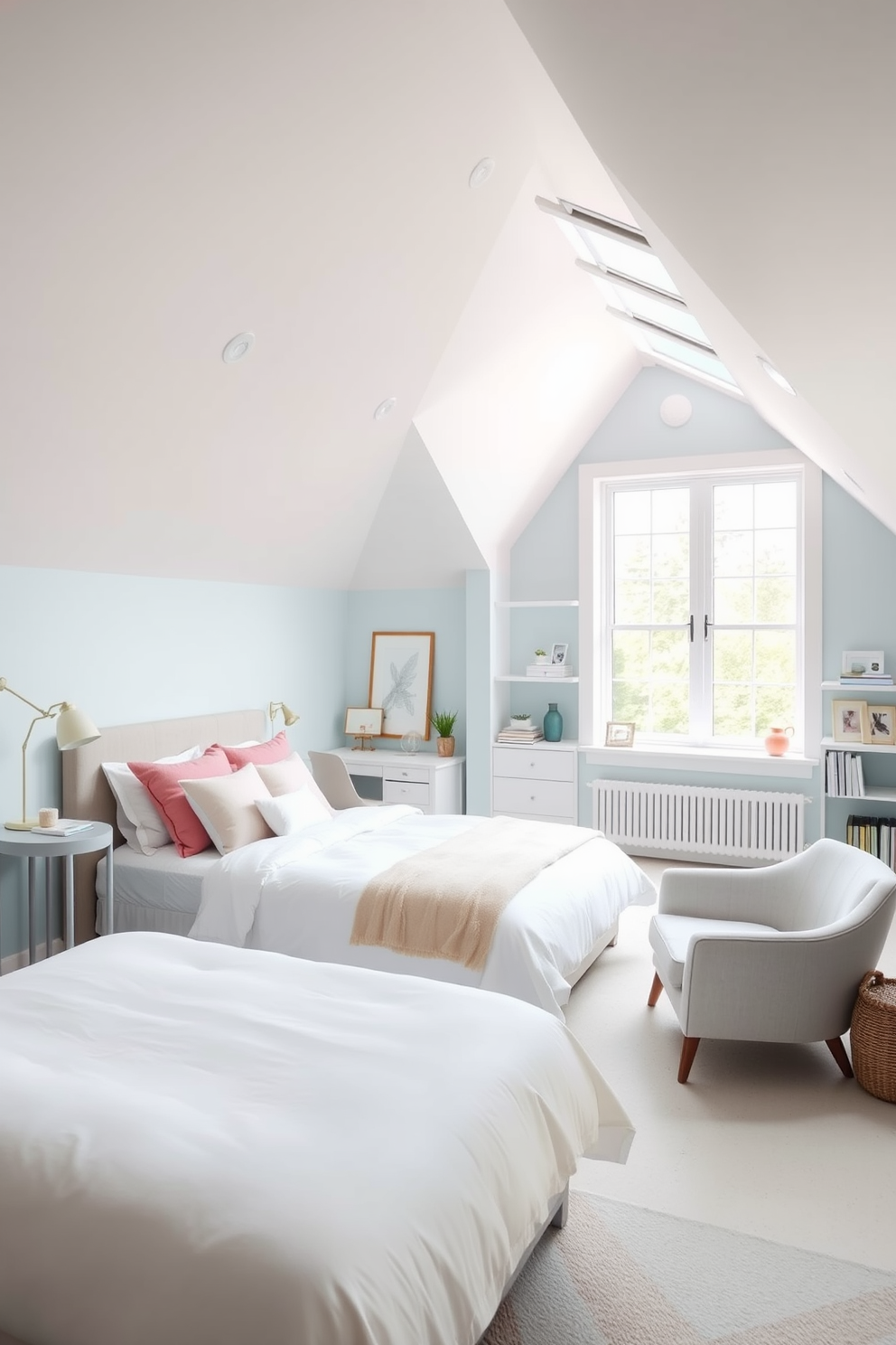 Chic bedroom with sloped ceiling design. The room features a plush king-sized bed with an upholstered headboard, flanked by sleek nightstands adorned with stylish lamps. Large windows allow natural light to flood the space, showcasing a cozy reading nook with a comfortable armchair and a small bookshelf. The walls are painted in a soft gray hue, complemented by warm wooden accents and a textured area rug.