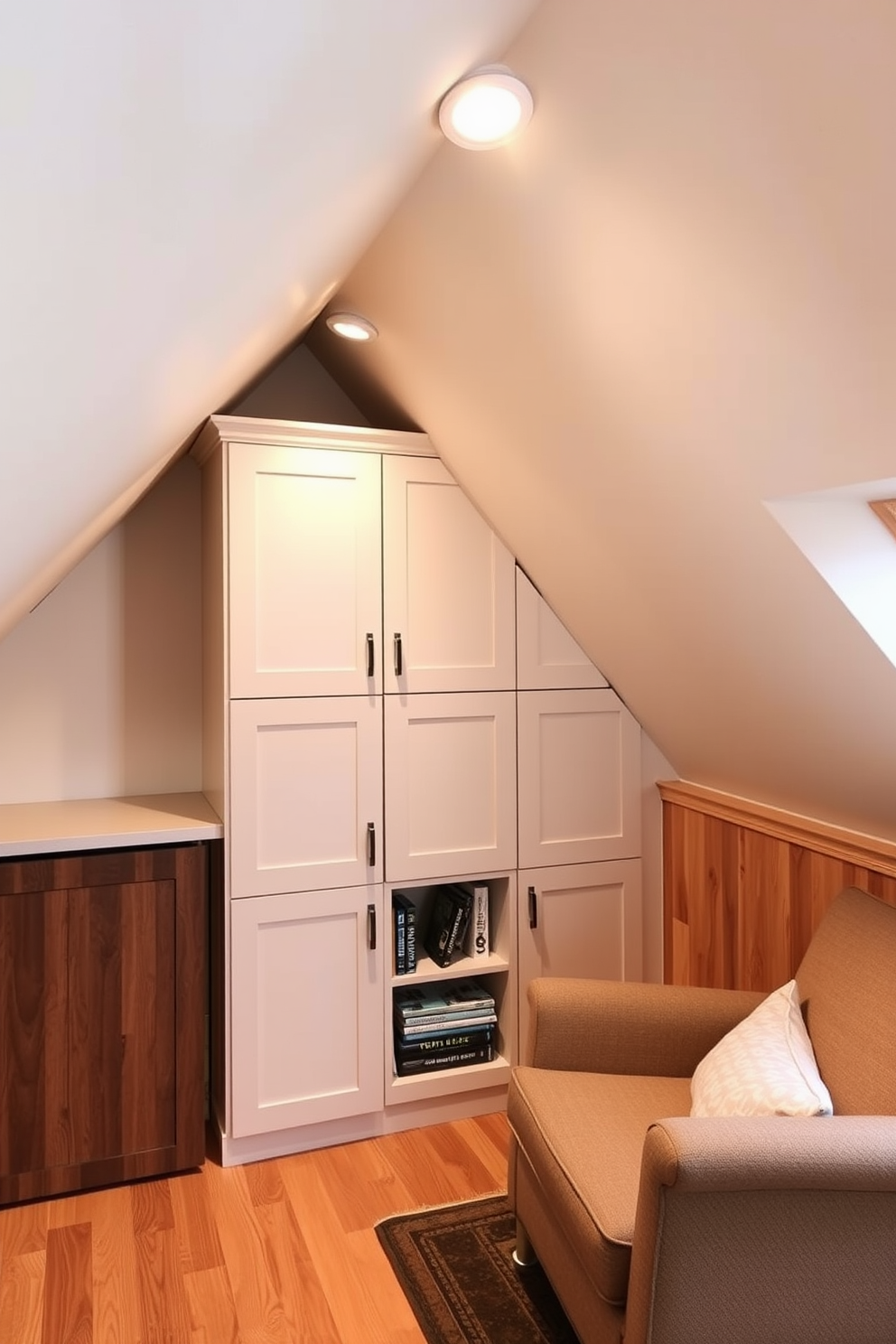 A cozy attic space designed for functionality. Under the eaves, custom-built cabinets blend seamlessly with the sloped ceiling, providing ample storage while maintaining an airy feel. The room features a comfortable reading nook with a plush armchair and a small bookshelf nestled against the wall. Soft, warm lighting highlights the natural wood finishes and creates an inviting atmosphere.