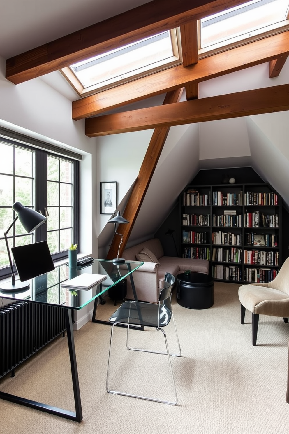 Chic home office with modern decor. The room features a sleek glass desk with a minimalist chair and a large window that floods the space with natural light. Modern Attic Design Ideas. The attic is transformed into a cozy retreat with exposed wooden beams, a plush seating area, and a stylish bookshelf lined with books.