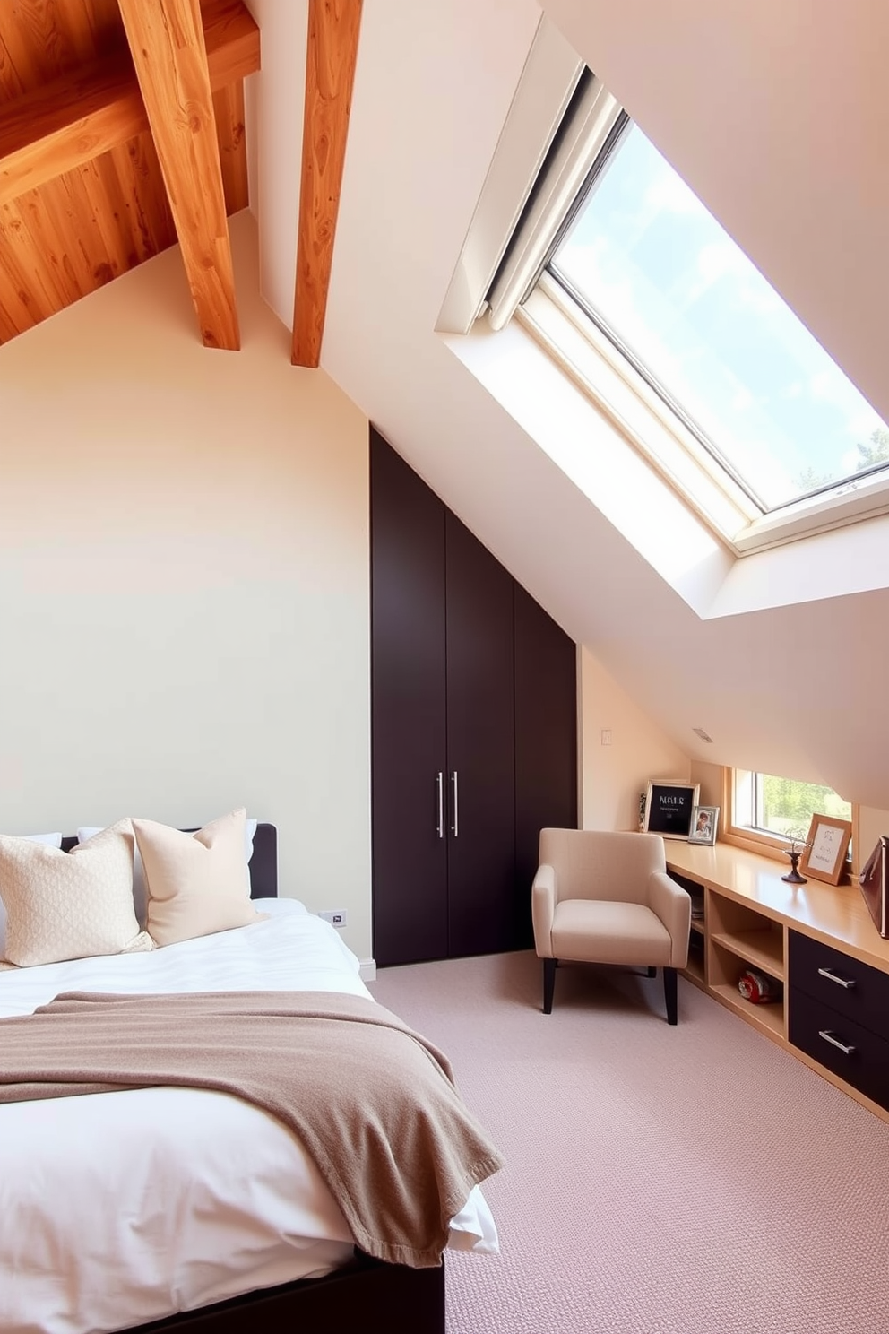 Inviting guest room with a sloped ceiling featuring soft pastel walls and warm wooden beams. A cozy bed adorned with plush pillows sits against the angled wall, while a small reading nook with a comfortable armchair and a side table is positioned near the window. Modern attic design ideas include sleek built-in storage solutions that maximize space and maintain a clean aesthetic. Large skylights allow natural light to flood the room, highlighting minimalist decor and contemporary furnishings.