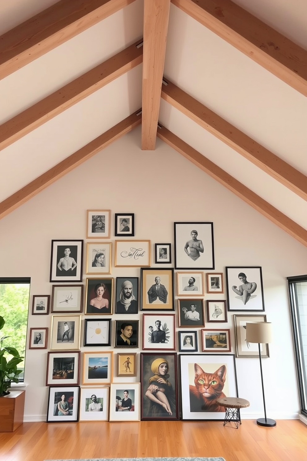 Artistic gallery wall for personal touch. A collection of framed artworks in various sizes and styles is arranged in an eclectic pattern on the wall. Modern attic design ideas. The space features sloped ceilings with exposed beams, complemented by large windows that flood the room with natural light.