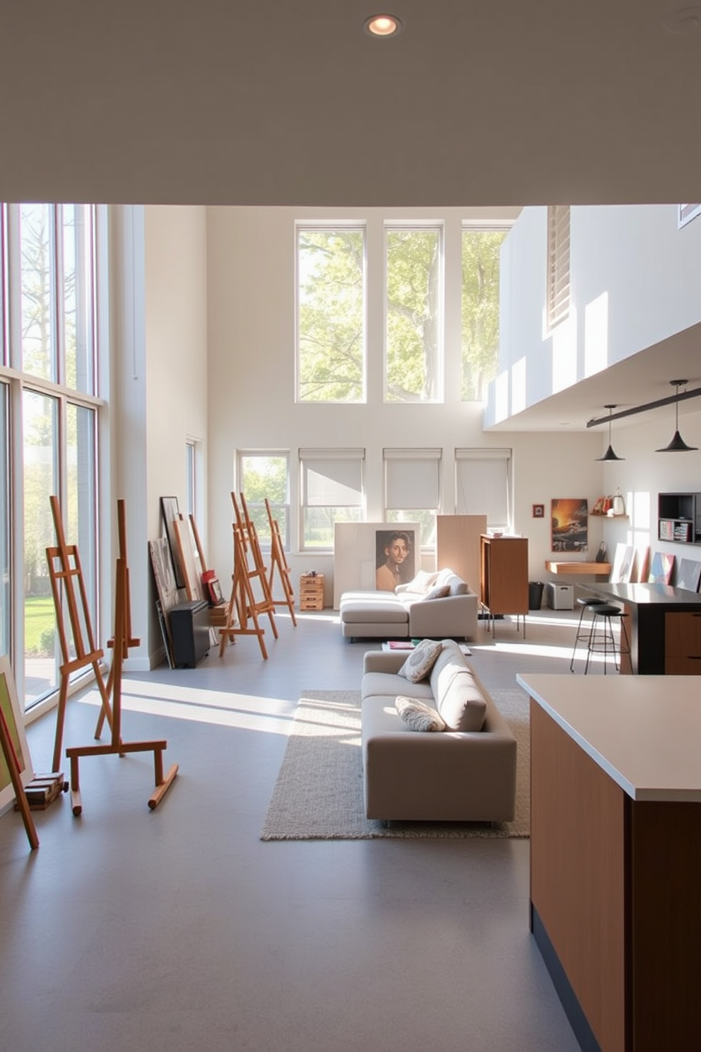 A creative art studio filled with natural light. Large windows allow sunlight to flood the space, illuminating easels and canvases scattered throughout the room. Modern basement design ideas featuring an open layout. The space includes a cozy lounge area with a sectional sofa, a sleek bar, and a small home theater setup.