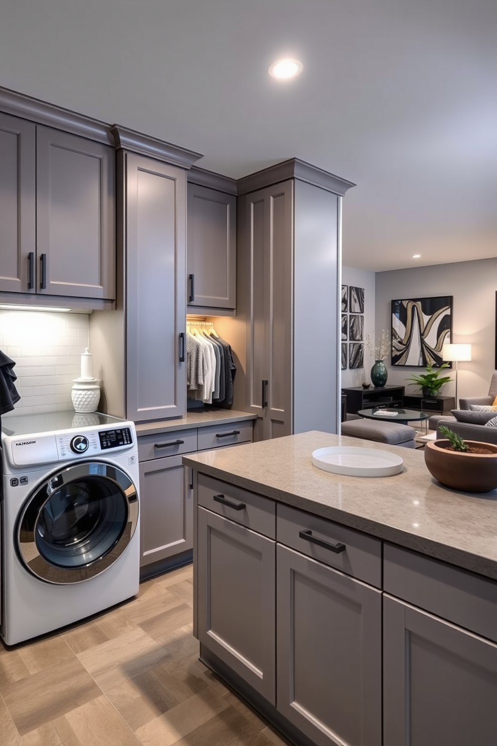 Functional laundry room with ample storage. The room features built-in cabinets and a large countertop for folding clothes. Modern basement design ideas. The space includes a cozy seating area with contemporary furniture and ambient lighting.