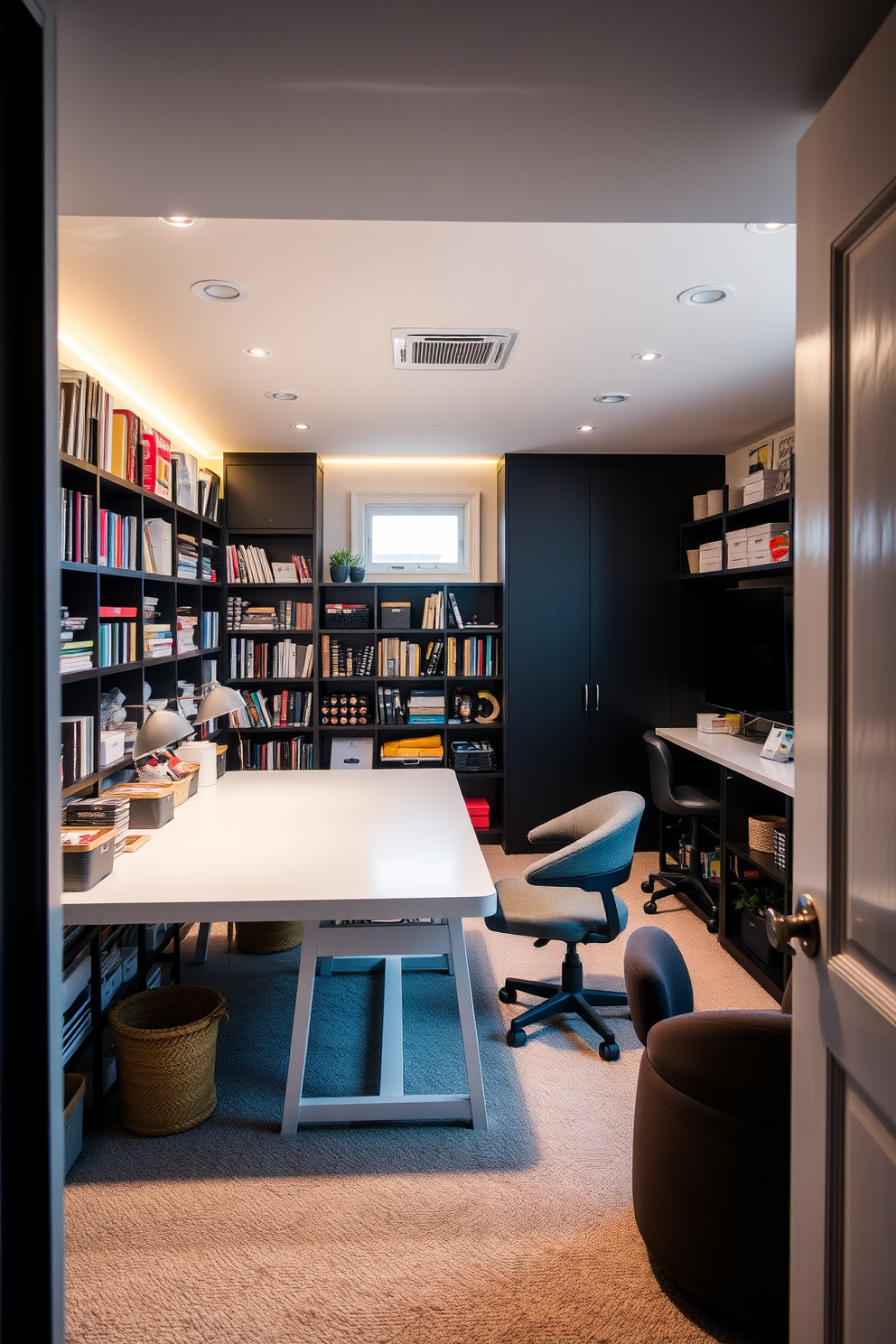 A contemporary craft room featuring organized supplies. The space includes a large work table surrounded by shelves filled with neatly arranged materials and tools. Modern basement design ideas that maximize space and comfort. The area is designed with cozy seating, ambient lighting, and a stylish bar section for entertainment.