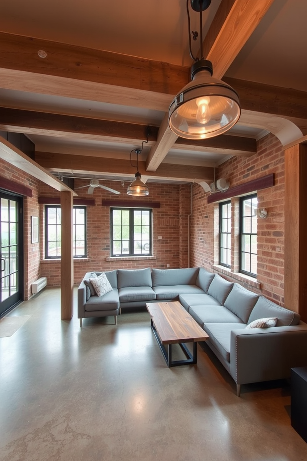 A modern basement designed in an urban industrial style features exposed beams and brick walls that add character to the space. The flooring is polished concrete, and large windows allow natural light to flood in, creating an inviting atmosphere. In one corner, a sleek sectional sofa is paired with a reclaimed wood coffee table, providing a cozy seating area. Industrial-style light fixtures hang from the ceiling, casting a warm glow over the space and enhancing the overall aesthetic.