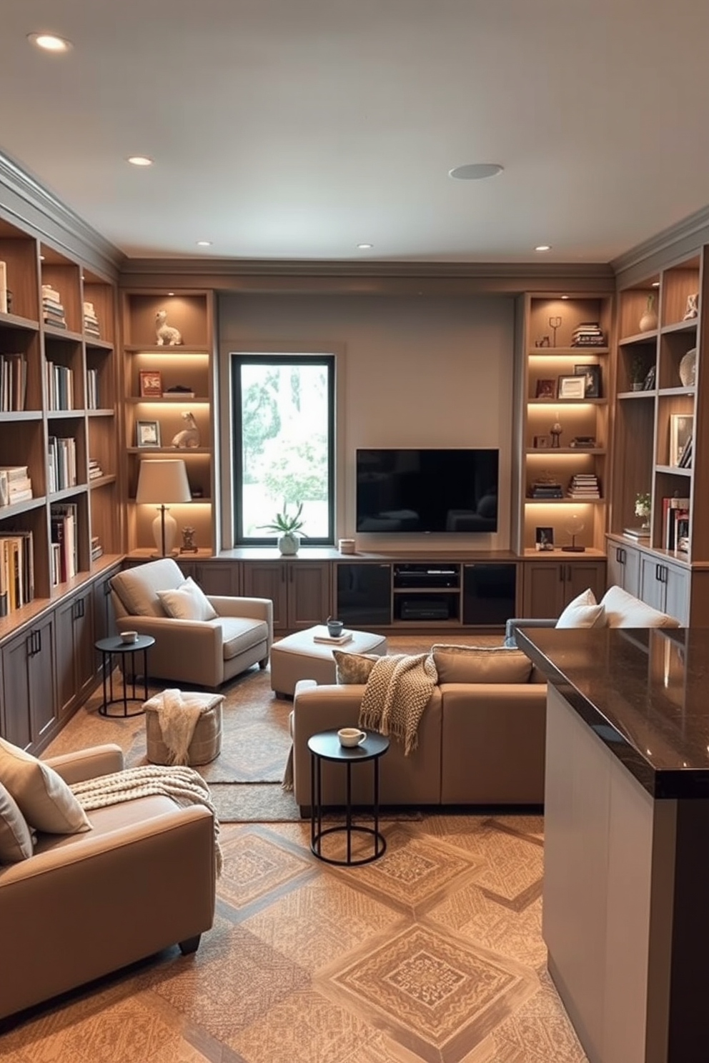 Cozy reading nook with built-in shelves. A plush armchair is positioned next to a large window, allowing natural light to fill the space. The walls are lined with custom-built shelves filled with books and decorative items. A soft throw blanket and a small side table with a cup of tea complete the inviting atmosphere. Modern basement design ideas. The space features an open layout with sleek furniture and contemporary lighting fixtures. Large sectional sofas face a minimalist entertainment center, while a wet bar with stylish stools adds functionality.