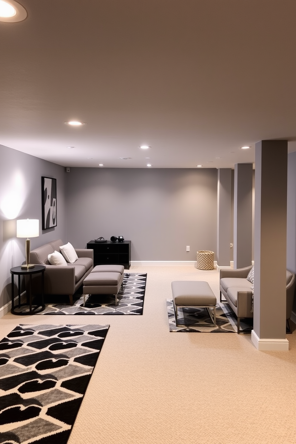 A modern basement design featuring geometric patterned rugs that add visual interest to the space. The walls are painted in a soft gray tone, complemented by sleek furniture and ambient lighting that creates a cozy atmosphere.