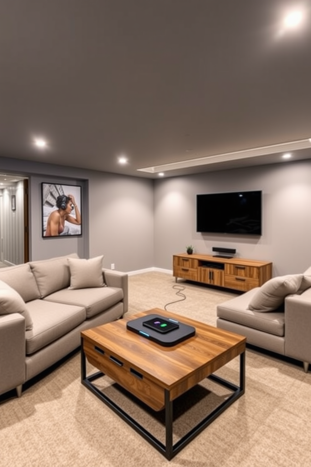 A modern basement designed as a smart home hub. The space features sleek furniture with integrated technology, including automated lighting and climate control systems. The walls are painted in a soft gray, complemented by warm wooden accents. A large sectional sofa faces a wall-mounted smart TV, and a coffee table with built-in wireless charging sits in the center of the room.