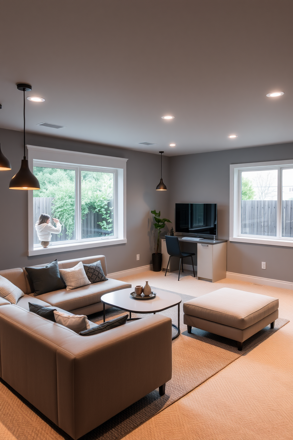 A modern basement design featuring a multi-purpose space that seamlessly blends relaxation and productivity. The area is furnished with a modular sofa that can be easily rearranged, paired with a sleek coffee table and a compact desk for work. The walls are painted in a soft gray tone, creating an inviting atmosphere. Large windows allow natural light to flood the space, while stylish pendant lights enhance the ambiance during the evening.