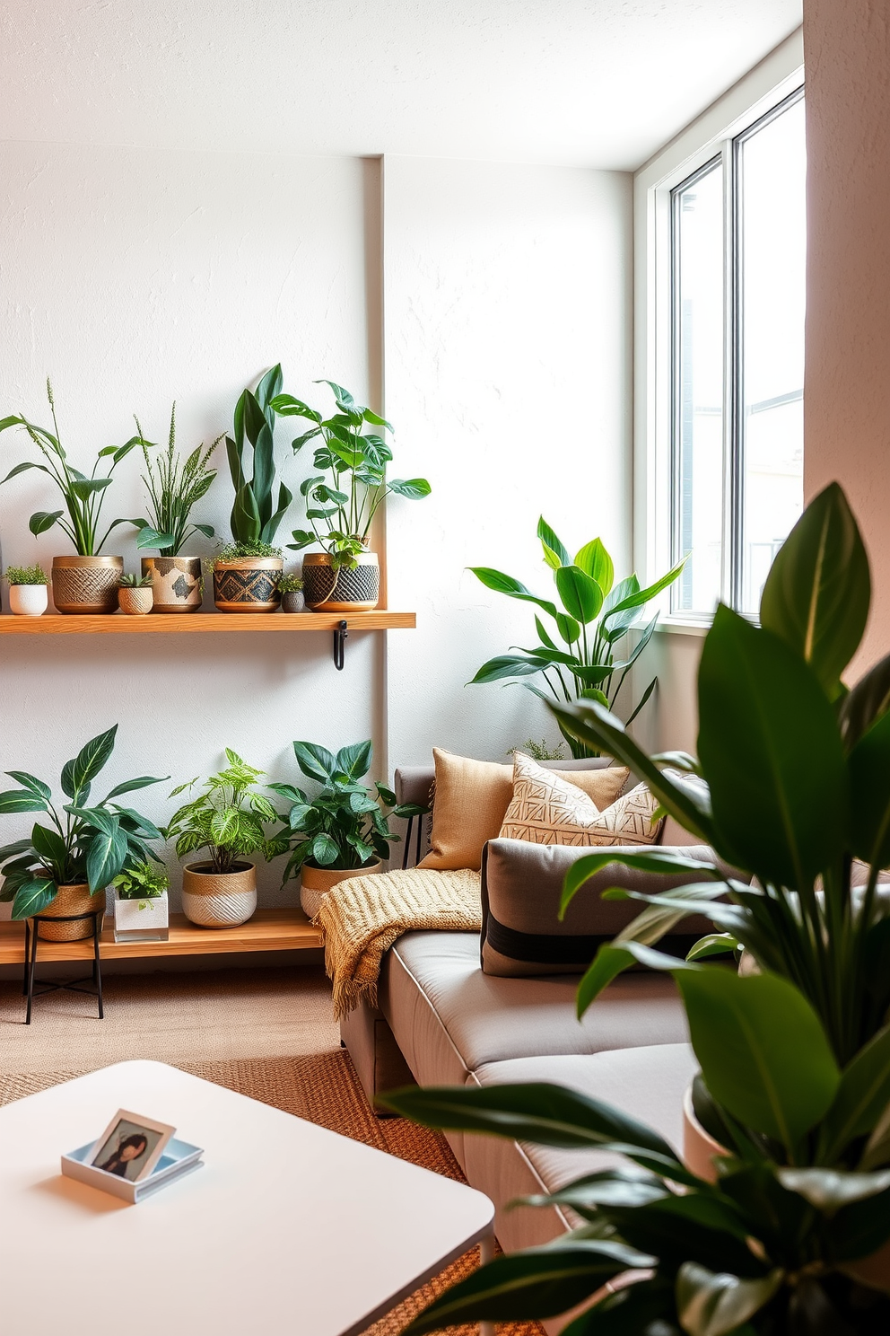 Indoor garden with low-maintenance plants. The space features a variety of greenery in decorative pots placed on a wooden shelf against a bright wall, with natural light streaming in through a large window. Modern basement design ideas. The area is transformed into a cozy retreat with a sleek sectional sofa, a minimalist coffee table, and ambient lighting that highlights the textured walls and stylish decor.