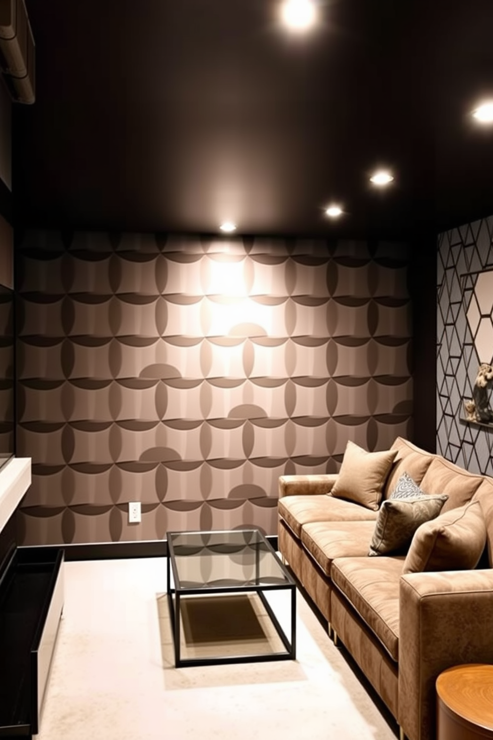 A modern basement featuring a bold accent wall adorned with a geometric wallpaper design. The space includes a cozy seating area with a plush sectional sofa and a sleek coffee table, complemented by ambient lighting fixtures.