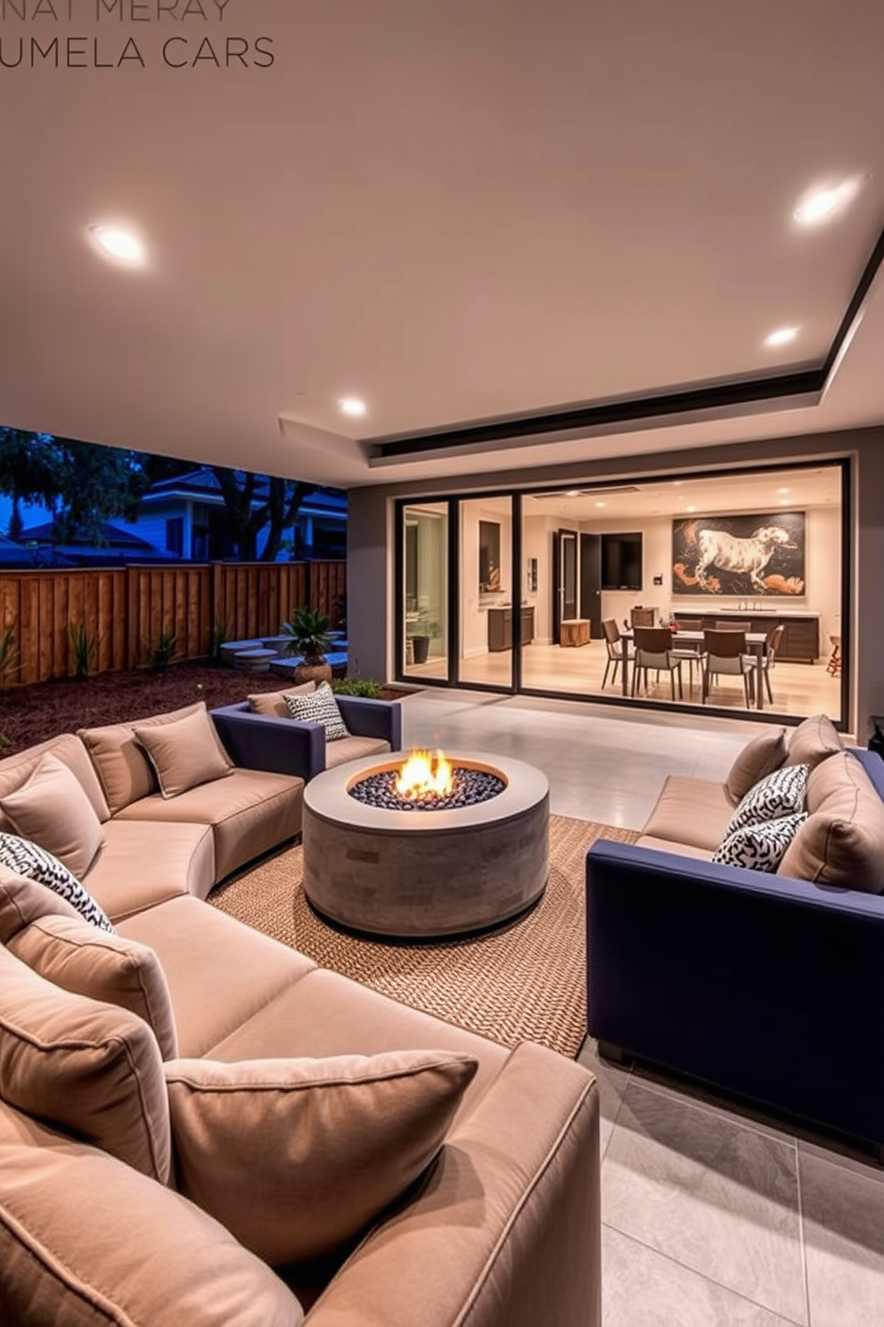 A comfortable seating area with a fire pit features plush, oversized sofas arranged in a U-shape around a central fire pit. The space is illuminated by soft, ambient lighting, creating a cozy atmosphere perfect for gatherings. The modern basement design incorporates sleek finishes and an open layout, with large windows allowing natural light to flood in. A combination of neutral tones and bold accents enhances the contemporary feel, making the area both inviting and stylish.