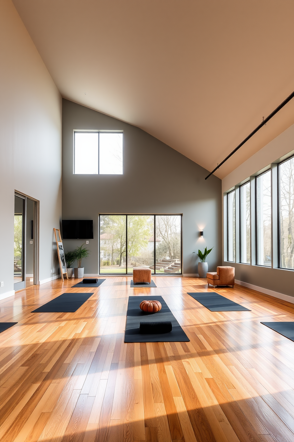 An open space for yoga and fitness classes features large windows that allow natural light to flood the room creating an inviting atmosphere. The flooring is made of polished hardwood, providing a warm and comfortable surface for exercise. Modern basement design ideas include a sleek design with a minimalist aesthetic that maximizes space and functionality. The walls are painted in a soft gray tone, complemented by contemporary furniture and strategically placed lighting to enhance the overall ambiance.