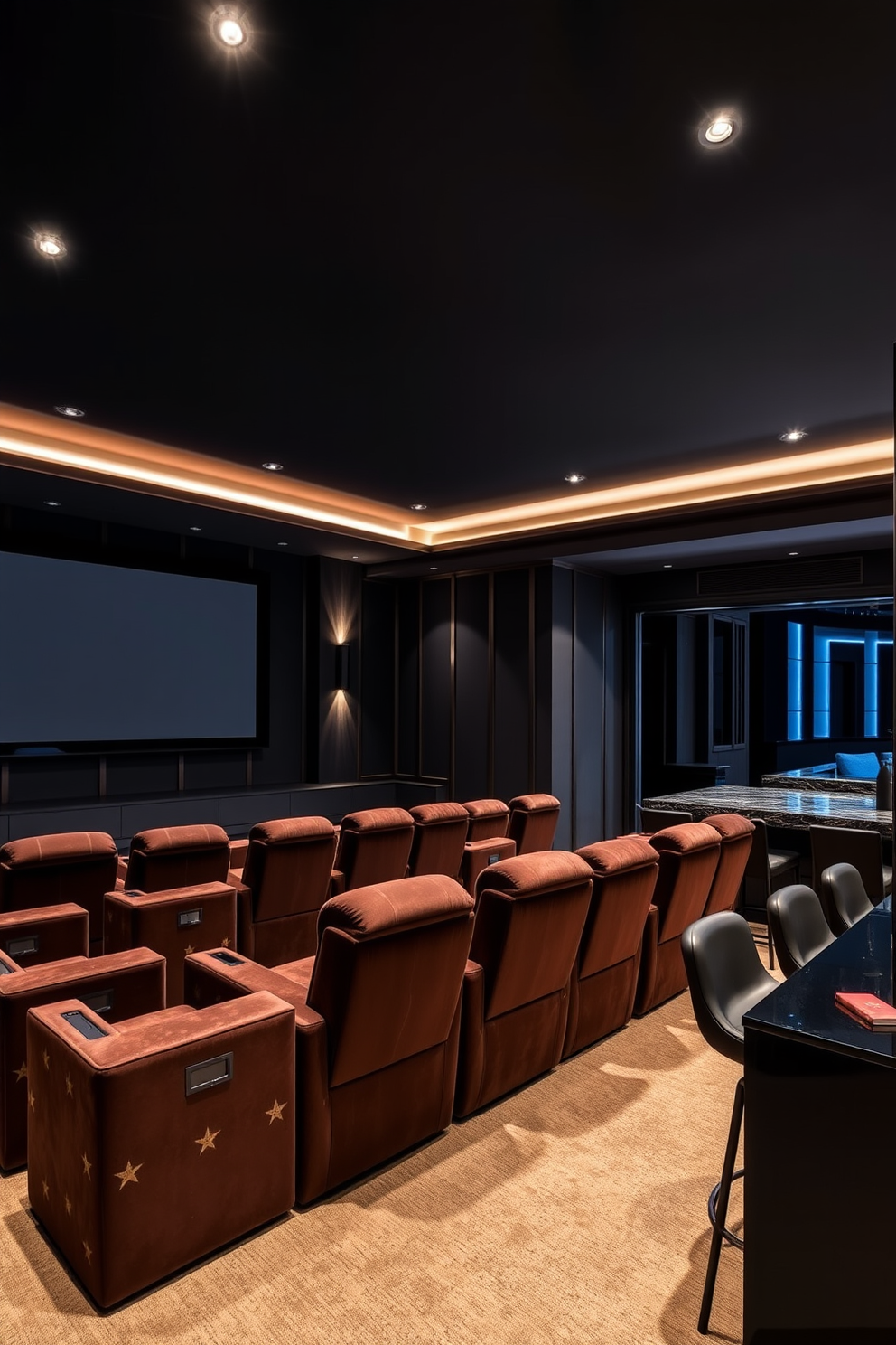 A luxurious home theater featuring plush velvet seating arranged in a semi-circle facing a large screen. The walls are adorned with dark acoustic panels, and soft ambient lighting creates a cozy atmosphere. The modern basement design incorporates sleek lines and an open layout. A stylish bar area with high stools complements the entertainment space, while large windows allow natural light to flood in.