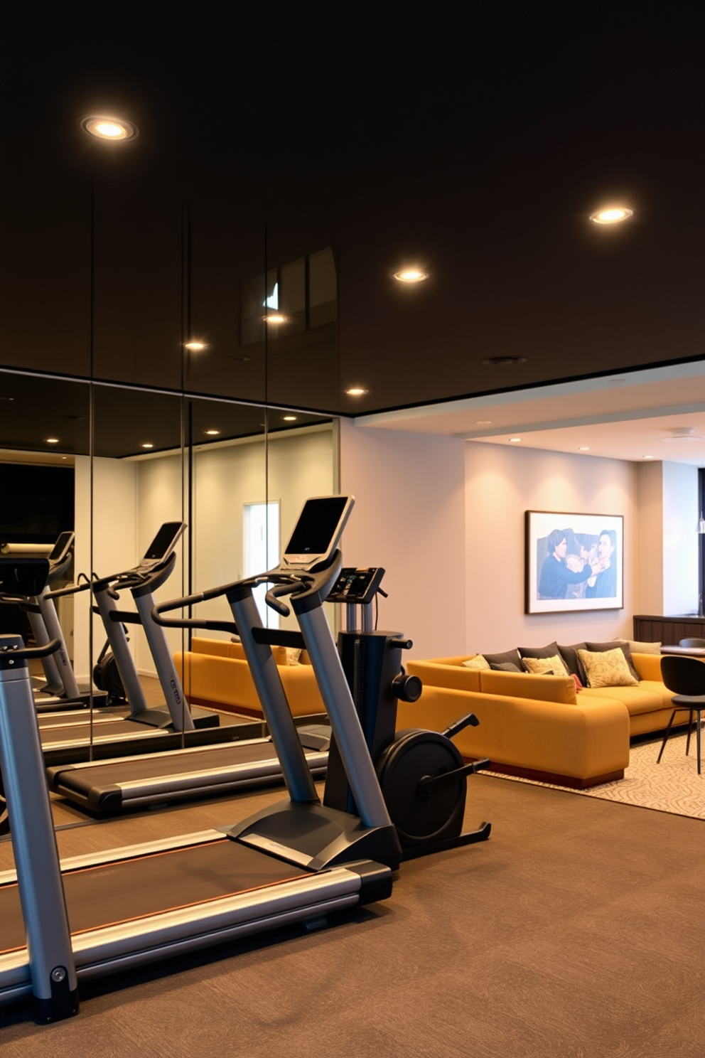 A modern gym featuring mirrored wall accents that create an illusion of spaciousness. The gym is equipped with state-of-the-art fitness equipment, including treadmills and free weights, arranged for optimal functionality. A contemporary basement design that maximizes space and light. The area includes a cozy lounge with plush seating, a stylish bar area, and warm lighting that enhances the inviting atmosphere.