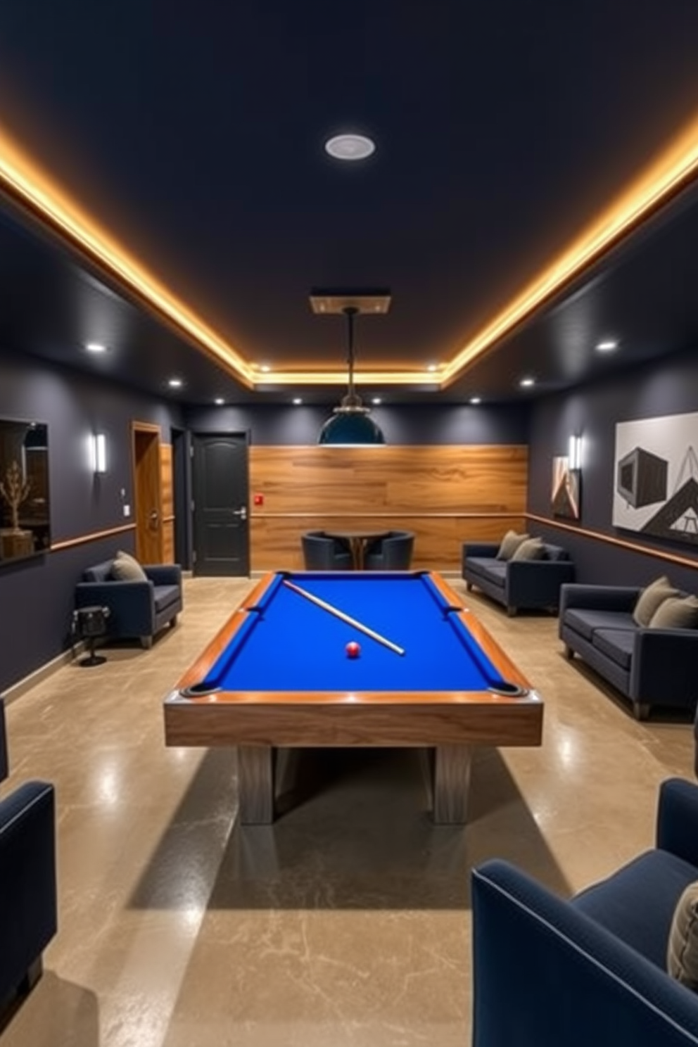 A stylish game room featuring a sleek pool table centered in the space. The walls are painted in a deep navy blue, complemented by warm wooden accents and ambient lighting. The flooring is a polished concrete that adds an industrial touch to the modern basement design. Plush seating arrangements are scattered around, creating cozy nooks for relaxation and entertainment.