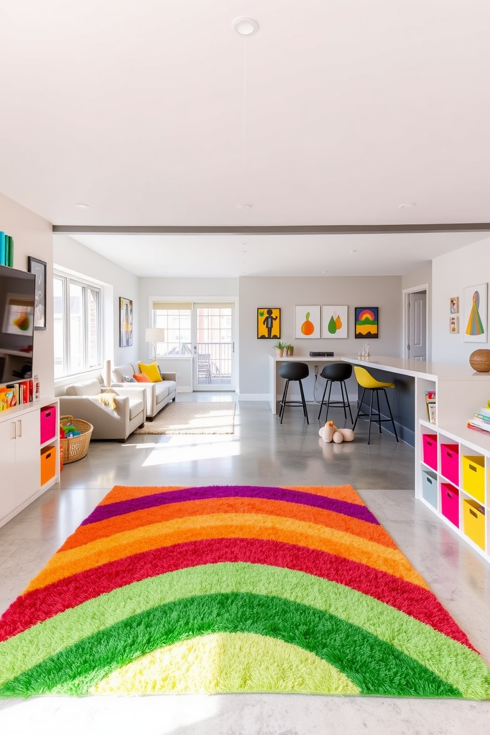 Bright playroom with colorful decor accents. The walls are painted in a soft white, and vibrant artwork is displayed throughout the space. A large, plush area rug in a rainbow pattern covers the floor, providing a cozy play area. Brightly colored storage bins are organized on shelves, filled with toys and books for easy access. Modern basement design ideas. The space features an open layout with sleek furniture and minimalist decor. Large windows allow natural light to flood in, illuminating the light gray walls and polished concrete floor. A stylish bar area with high stools complements the entertainment zone, creating a perfect gathering space.