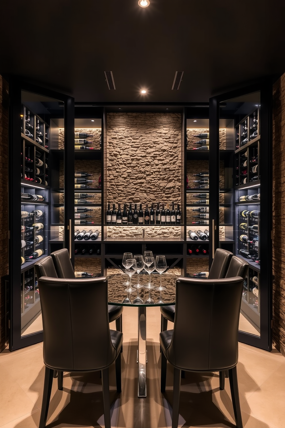 Elegant wine cellar with glass doors. The space features dark wood shelving filled with an extensive selection of wine bottles, illuminated by soft LED lighting. The walls are adorned with textured stone, creating a rustic yet refined atmosphere. A sleek tasting table with high-backed chairs completes the sophisticated look of this modern basement design.