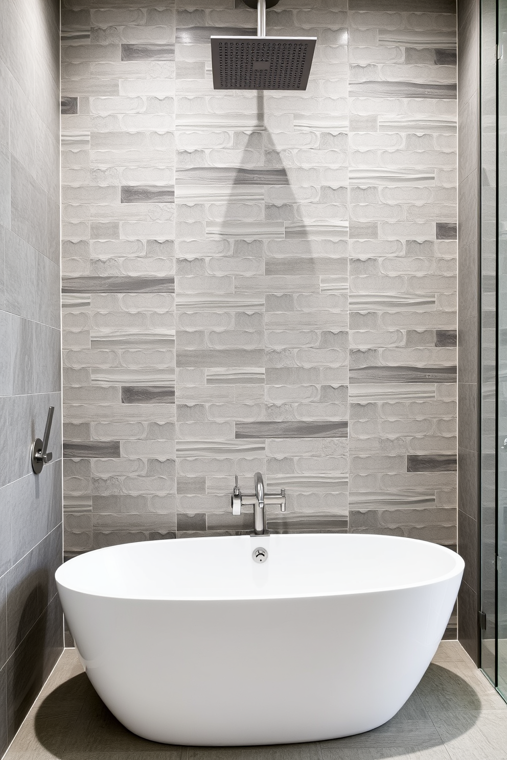 Textured wall tiles create a stunning backdrop that adds depth and dimension to a modern bathroom. The tiles feature a mix of matte and glossy finishes, enhancing the visual interest and creating a spa-like atmosphere. Incorporate sleek fixtures and minimalist design elements to maintain a clean and contemporary look. A freestanding bathtub sits elegantly against the textured wall, complemented by a stylish rain shower head above.