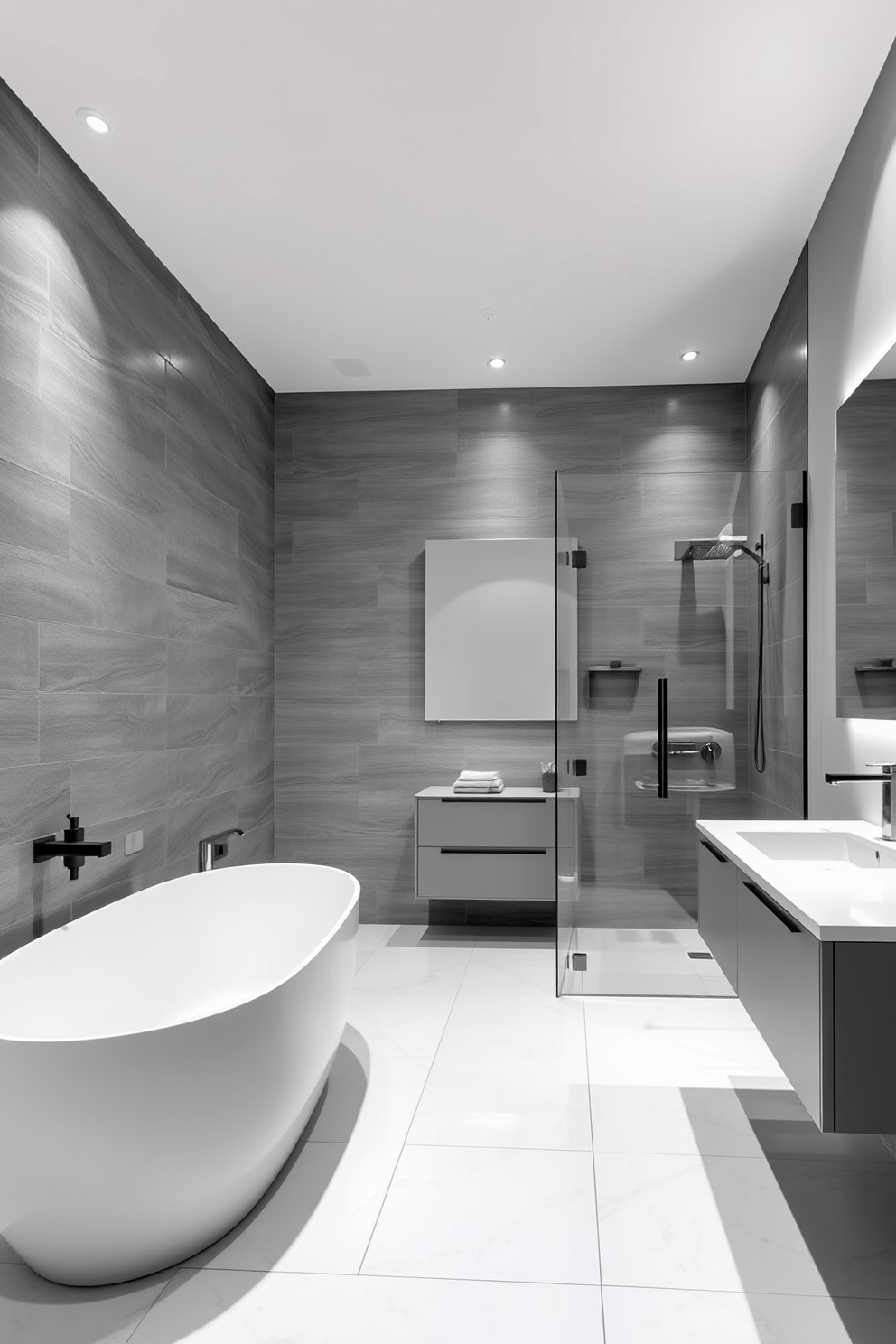 A modern bathroom featuring a monochromatic color scheme with shades of gray and white. The space includes a sleek freestanding tub, a spacious walk-in shower with glass doors, and a minimalist floating vanity with a large mirror above it. The walls are adorned with textured gray tiles, while the floor showcases large white porcelain tiles. Soft ambient lighting highlights the clean lines of the fixtures and creates a serene atmosphere throughout the room.