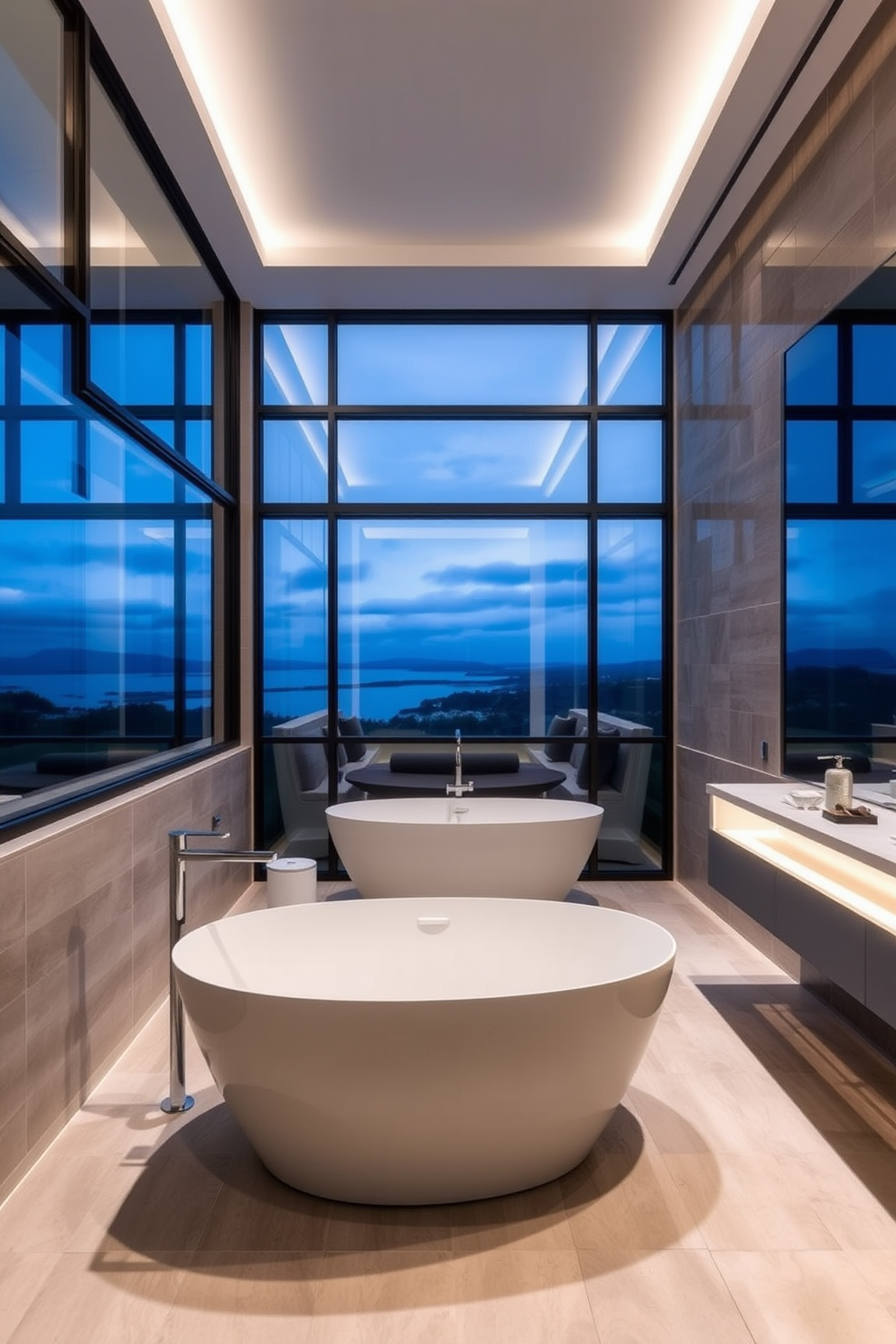 A modern bathroom design featuring wall-mounted faucets that enhance clean lines and minimalist aesthetics. The space includes a sleek floating vanity with a large mirror that extends across the wall, reflecting natural light. The color palette consists of soft grays and whites, creating a serene atmosphere. Textured tiles in a subtle geometric pattern adorn the floor, adding depth to the overall design.