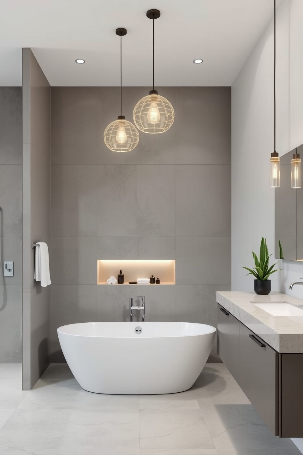 A modern bathroom featuring unique light fixtures as focal points. The space includes sleek lines and minimalist decor, with pendant lights hanging elegantly above the freestanding bathtub. The walls are adorned with large-format tiles in a soft gray hue, creating a serene atmosphere. A floating vanity with a quartz countertop complements the contemporary design, while decorative plants add a touch of greenery.