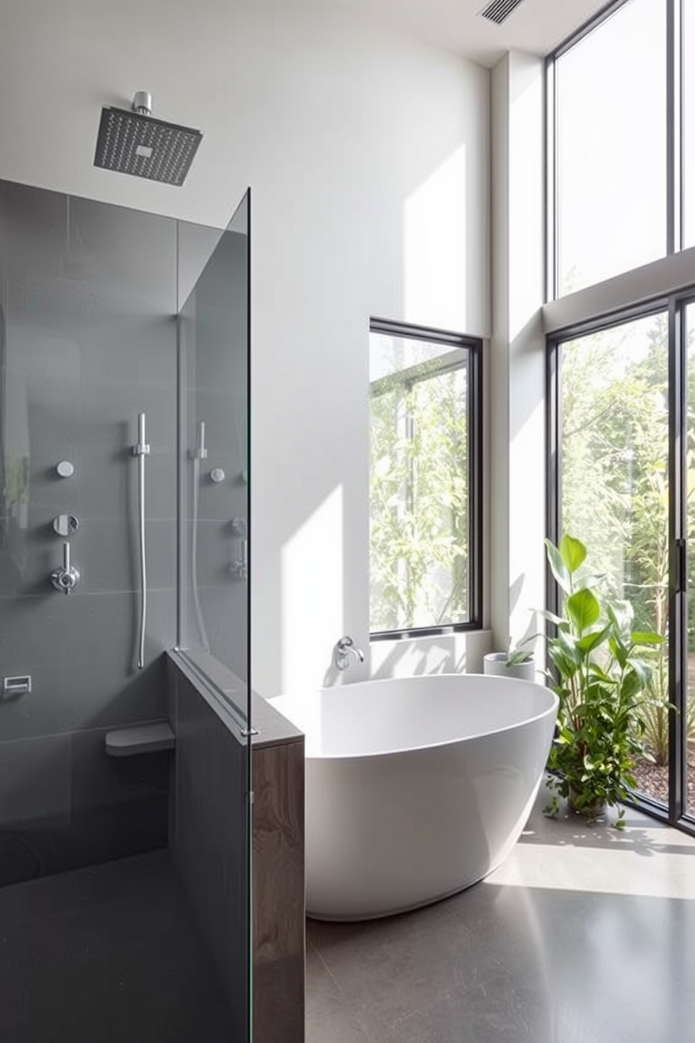 A serene modern bathroom featuring spa-inspired elements. The space includes a luxurious rainfall showerhead with a glass enclosure and sleek tile work. Natural light floods the room through a large window, illuminating the minimalist design. A freestanding soaking tub sits elegantly in the corner, surrounded by greenery for a calming atmosphere.