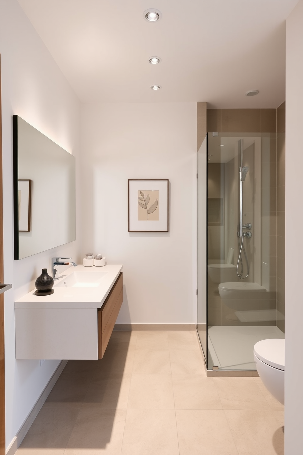 A modern bathroom featuring minimal decor emphasizes a clutter-free look. The space is adorned with sleek fixtures, a floating vanity, and a frameless glass shower enclosure. Soft neutral colors dominate the walls, while large-format tiles create a seamless floor. A single statement piece, such as a sculptural vase or a simple artwork, adds a touch of elegance without overwhelming the space.