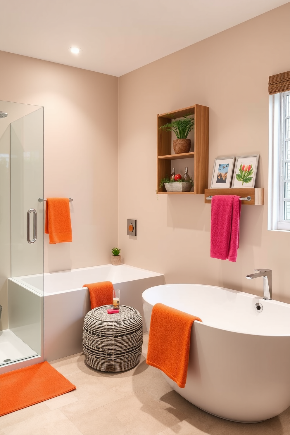 A modern bathroom design featuring a neutral color palette accented with pops of vibrant colors. The walls are painted in soft beige, complemented by a sleek white bathtub and a minimalist glass shower enclosure. Brightly colored towels and decorative accessories add a cheerful touch to the space. A stylish wooden shelf holds curated decor items and plants, enhancing the contemporary aesthetic.