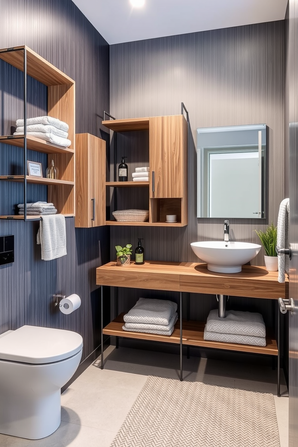 A modern bathroom featuring smart technology for enhanced convenience. The space includes a digital shower system with customizable settings and a smart mirror that displays the weather and news. The walls are adorned with sleek tiles in a neutral palette, while the flooring features heated tiles for comfort. A floating vanity equipped with wireless charging and touchless faucets complements the contemporary design.