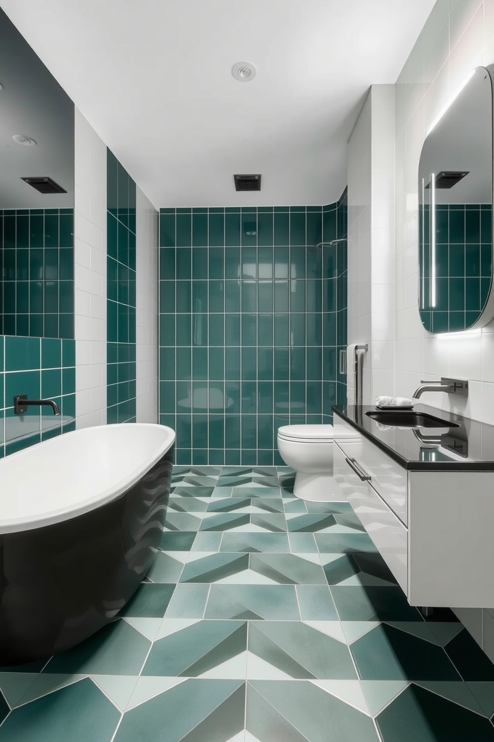 A modern bathroom featuring striking geometric tile patterns that create visual interest on the floor and walls. The color palette includes bold contrasts with sleek fixtures and a minimalist aesthetic that enhances the overall design.