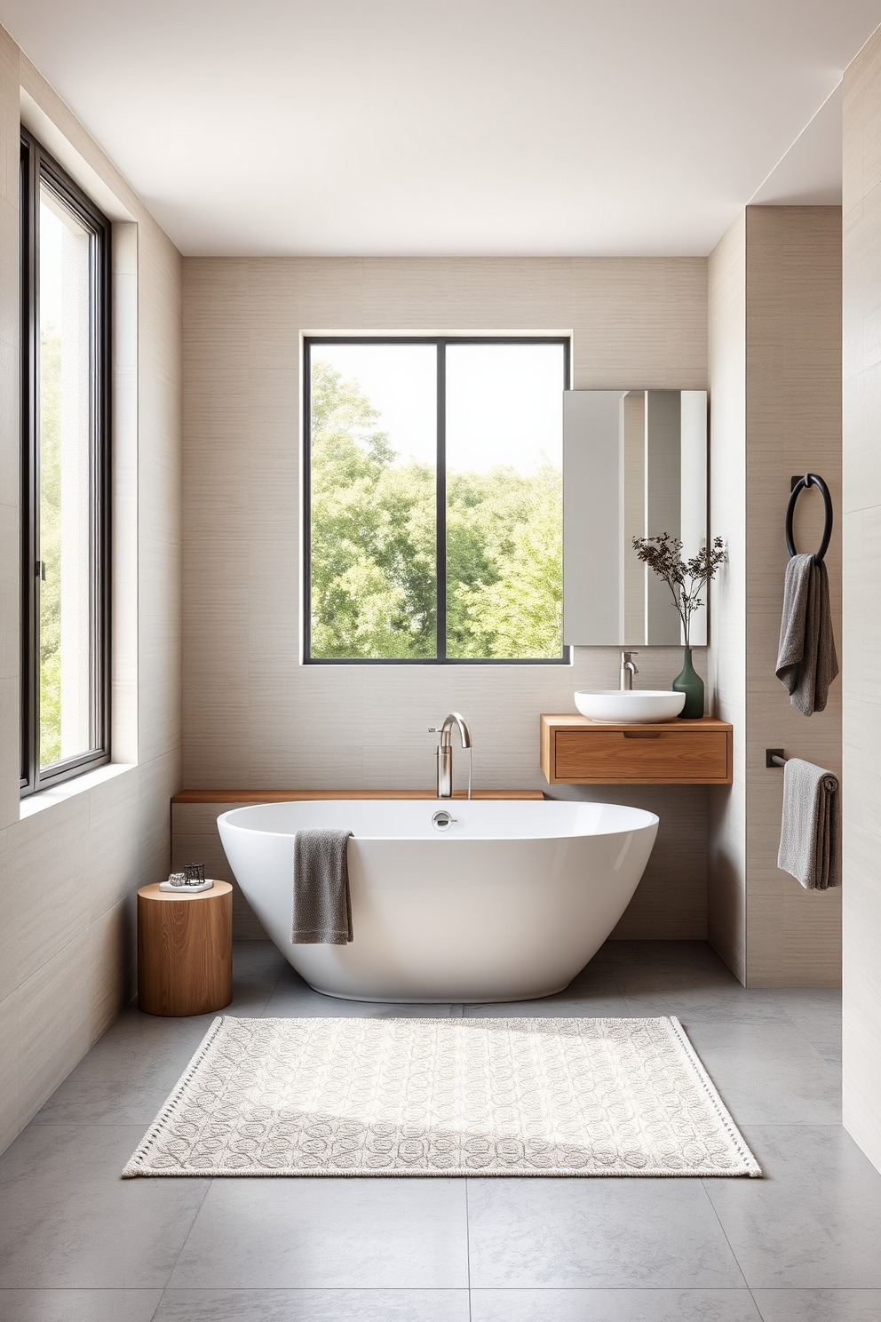 A modern bathroom featuring a sleek freestanding bathtub positioned under a large window that lets in natural light. The walls are adorned with textured tiles in soft neutral tones, and a stylish rug lies beneath the bathtub, adding warmth and comfort to the space. The vanity is minimalist with a floating design and a large mirror above it that reflects the elegance of the room. Decorative elements include potted plants and chic accessories that complement the overall modern aesthetic while enhancing the cozy atmosphere.