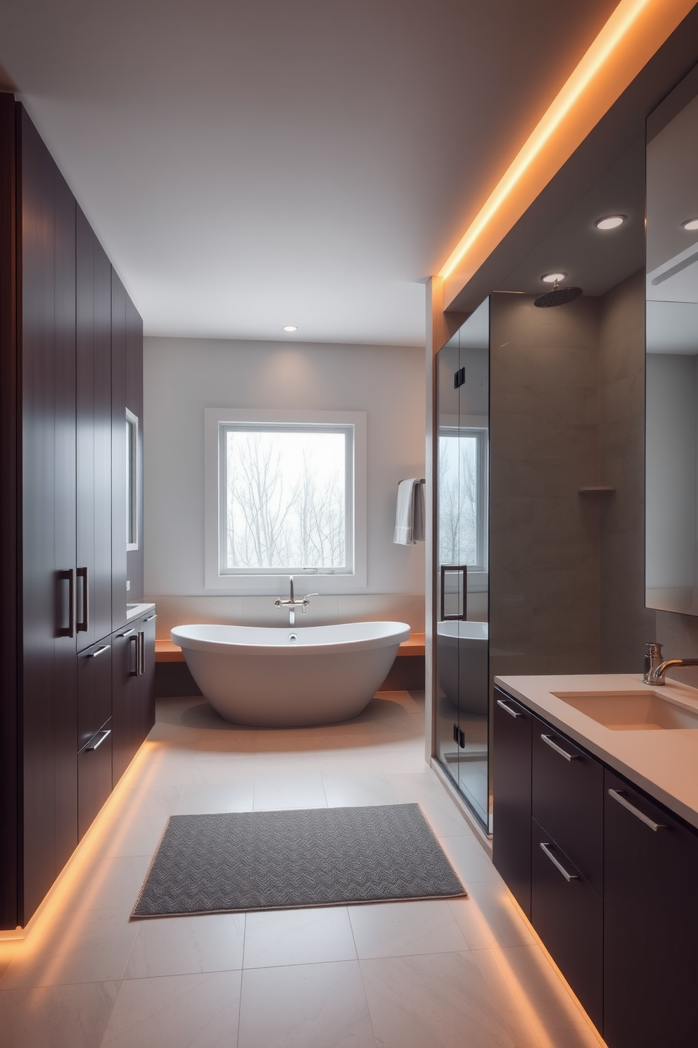 A modern bathroom featuring sleek cabinetry with accent lighting underneath that creates a warm and inviting ambiance. The space includes a spacious walk-in shower with glass doors and stylish fixtures, complemented by a freestanding soaking tub positioned near a large window.