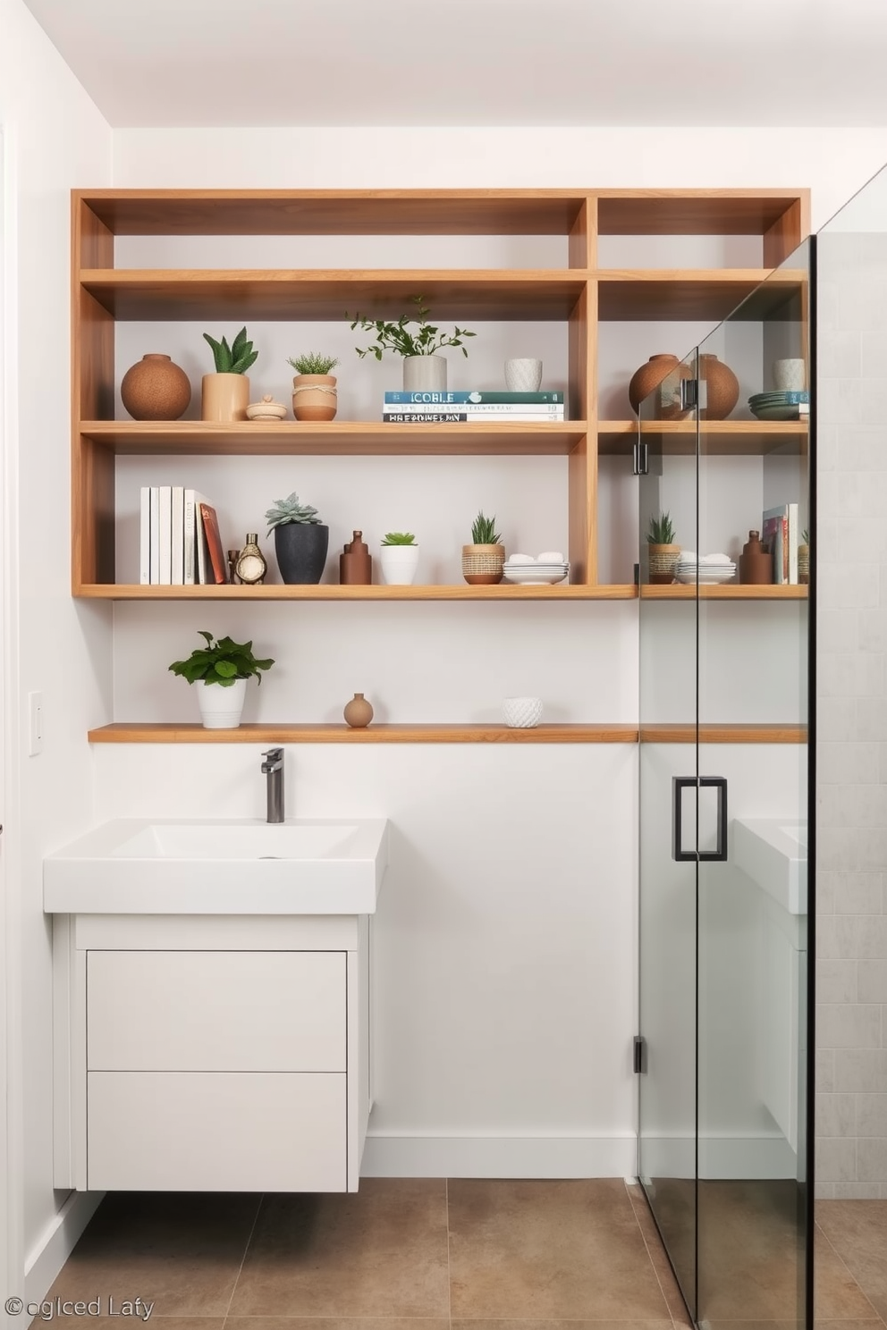 Open shelving elegantly showcases a curated collection of decorative items, including plants, books, and artisanal ceramics. The shelves are made of natural wood and are positioned above a sleek, modern sink with a minimalist faucet. The bathroom features a contemporary color palette of soft whites and muted grays, enhancing the sense of space and tranquility. Large-format tiles line the floor, while a frameless glass shower adds a touch of sophistication to the overall design.