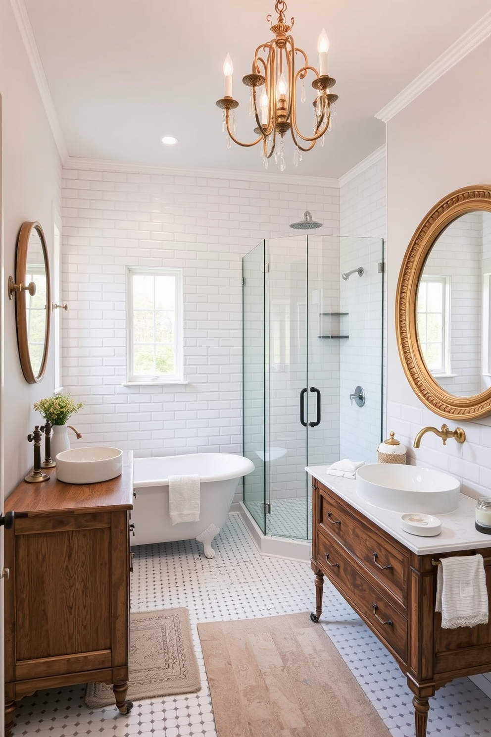 A modern bathroom featuring vintage elements. The space includes a freestanding soaking tub with elegant claw feet, complemented by a sleek glass shower enclosure. The walls are adorned with classic subway tiles in a soft white hue, while a statement chandelier adds a touch of glamour. A rustic wooden vanity with a vessel sink sits beneath a large round mirror framed in distressed gold.