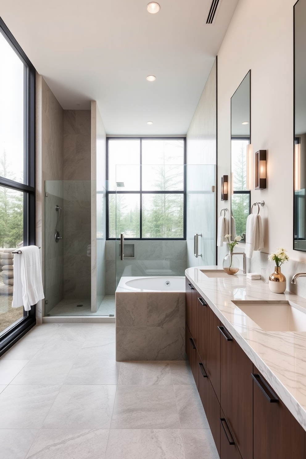 A modern bathroom featuring natural stone countertops that exude luxury. The space includes sleek cabinetry, a spacious walk-in shower with glass doors, and elegant fixtures that enhance the contemporary aesthetic. Large windows allow natural light to flood the room, highlighting the textures of the stone surfaces. Soft neutral tones on the walls create a calming atmosphere, complemented by plush towels and stylish decor accents.