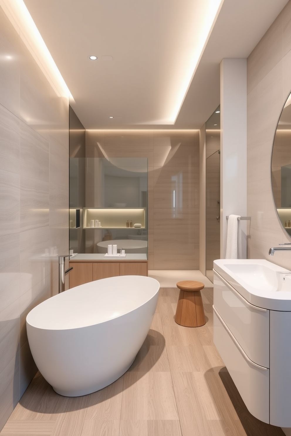 A modern bathroom featuring fixtures and furniture with elegant curved lines. The space includes a freestanding bathtub with a smooth silhouette and a curved vanity with a sleek sink that complements the overall design. Soft ambient lighting highlights the gentle curves of the fixtures, creating a serene atmosphere. The walls are adorned with large-format tiles in a soft neutral tone, and the floor features a seamless blend of light wood and stone textures.