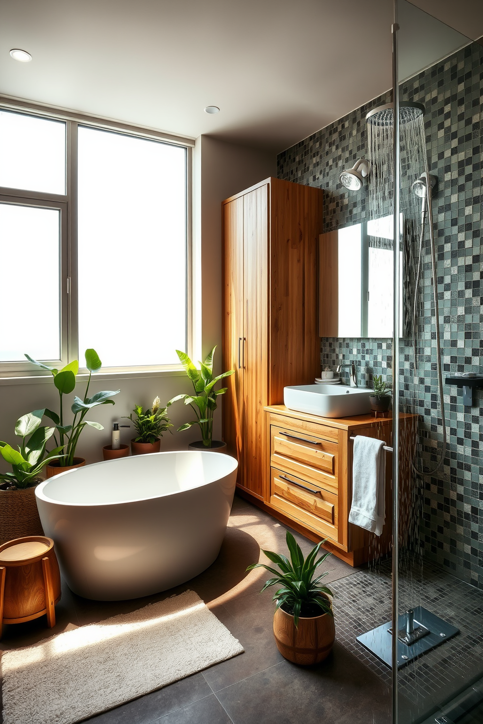 A modern bathroom with colorful accent walls that create bold statements. The space features sleek fixtures, a freestanding tub, and a vibrant tile backsplash that contrasts with the neutral tones of the cabinetry.