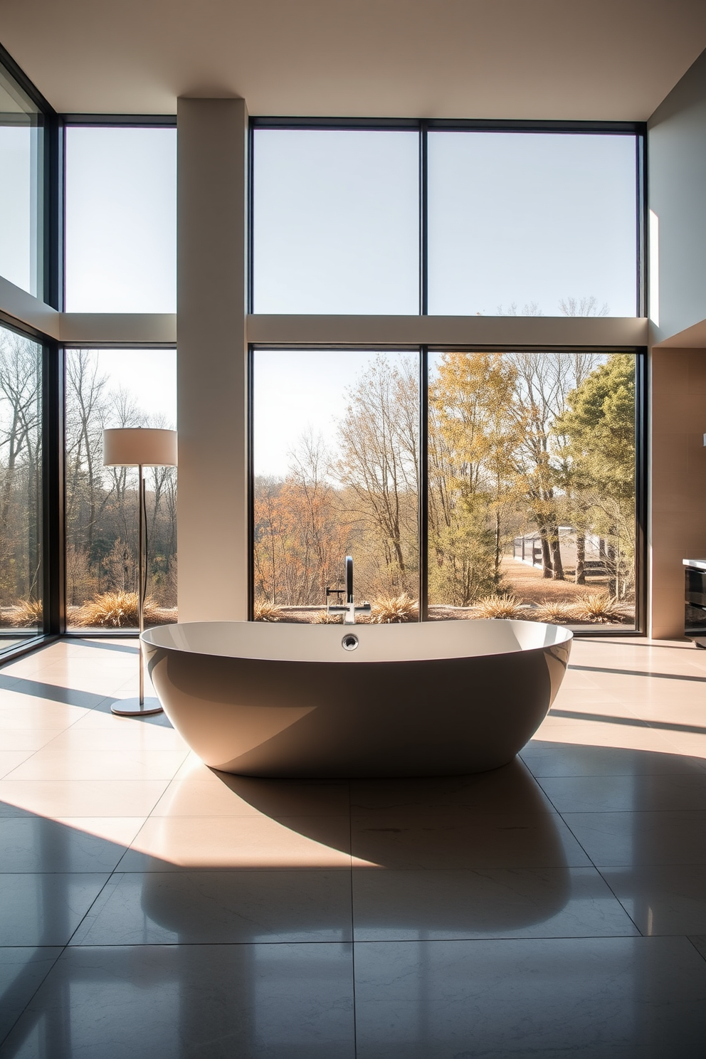 A freestanding soaking tub is elegantly positioned in the center of an expansive modern bathroom. Large windows allow natural light to flood the space, highlighting the sleek lines and minimalist decor. The tub is surrounded by polished stone tiles that extend seamlessly to the walls. A stylish floor lamp stands nearby, adding a touch of warmth to the contemporary atmosphere.