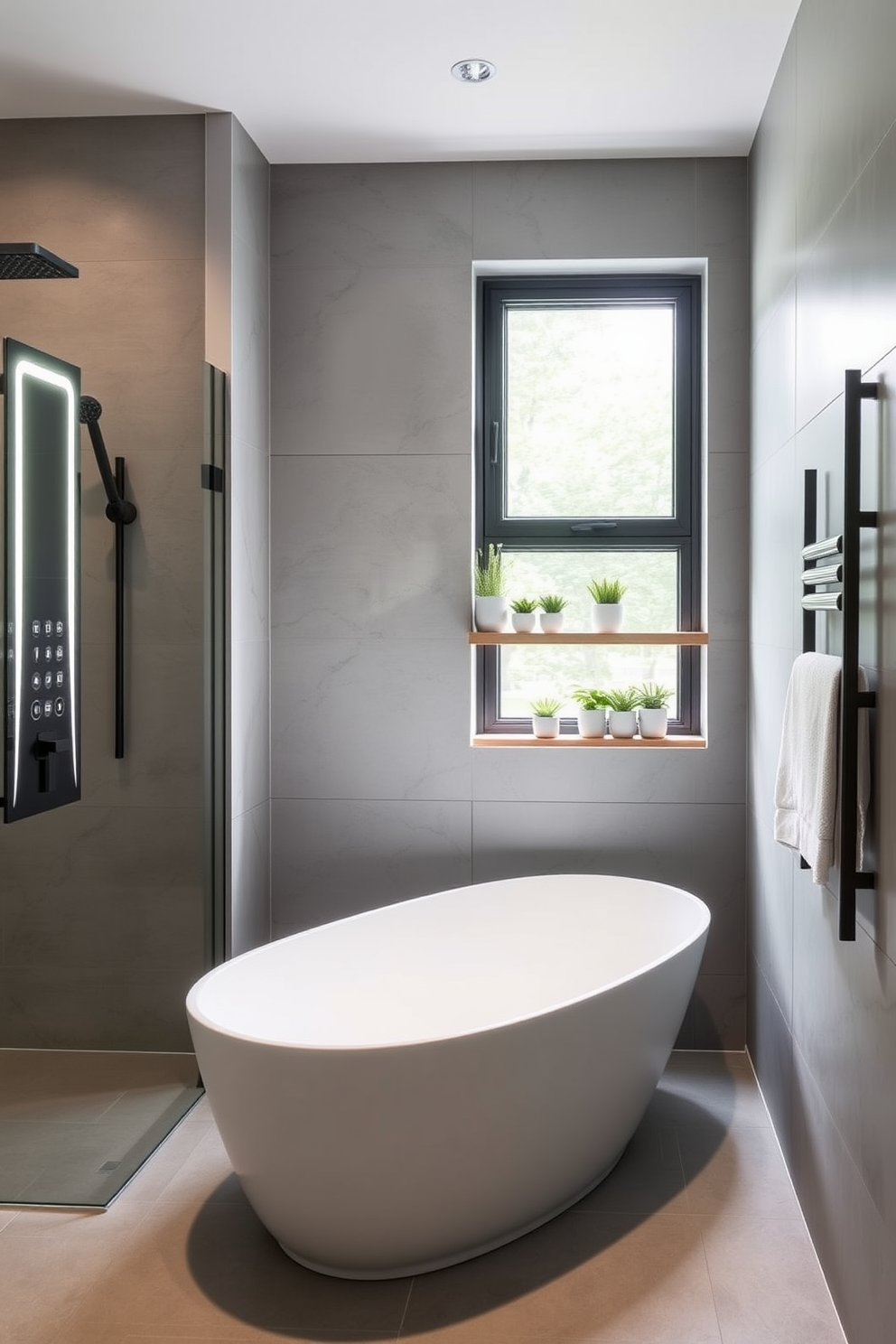 A sleek modern bathroom featuring integrated technology for convenience. The space includes a smart mirror with built-in lighting and touch controls, alongside a digital shower system that allows for customizable water temperature and pressure. The walls are adorned with large format tiles in a soft gray tone, creating a clean and spacious feel. A freestanding soaking tub sits elegantly in front of a window, with a minimalist wooden shelf holding bath essentials and a few potted plants.