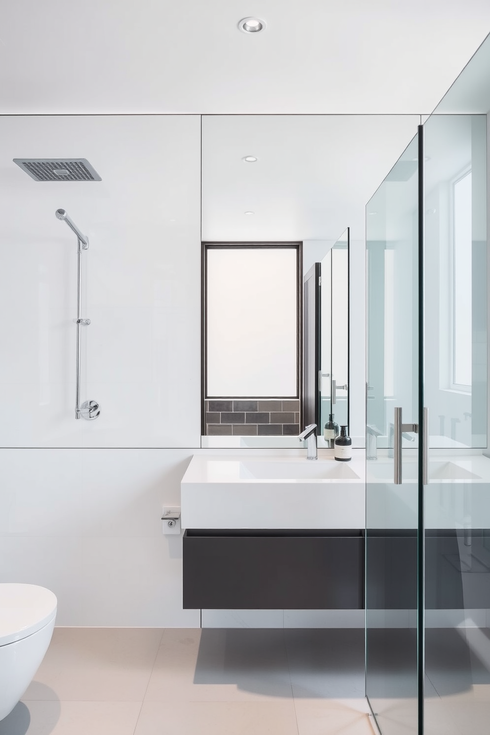 A sleek modern bathroom features a large freestanding bathtub in the center, surrounded by white marble flooring. The walls are painted in crisp white, accentuated by black fixtures and a minimalist black vanity with a simple rectangular mirror above it. Natural light floods the space through a frosted glass window, enhancing the clean lines and open feel of the design. A few carefully placed green plants add a touch of warmth and contrast to the monochromatic palette.