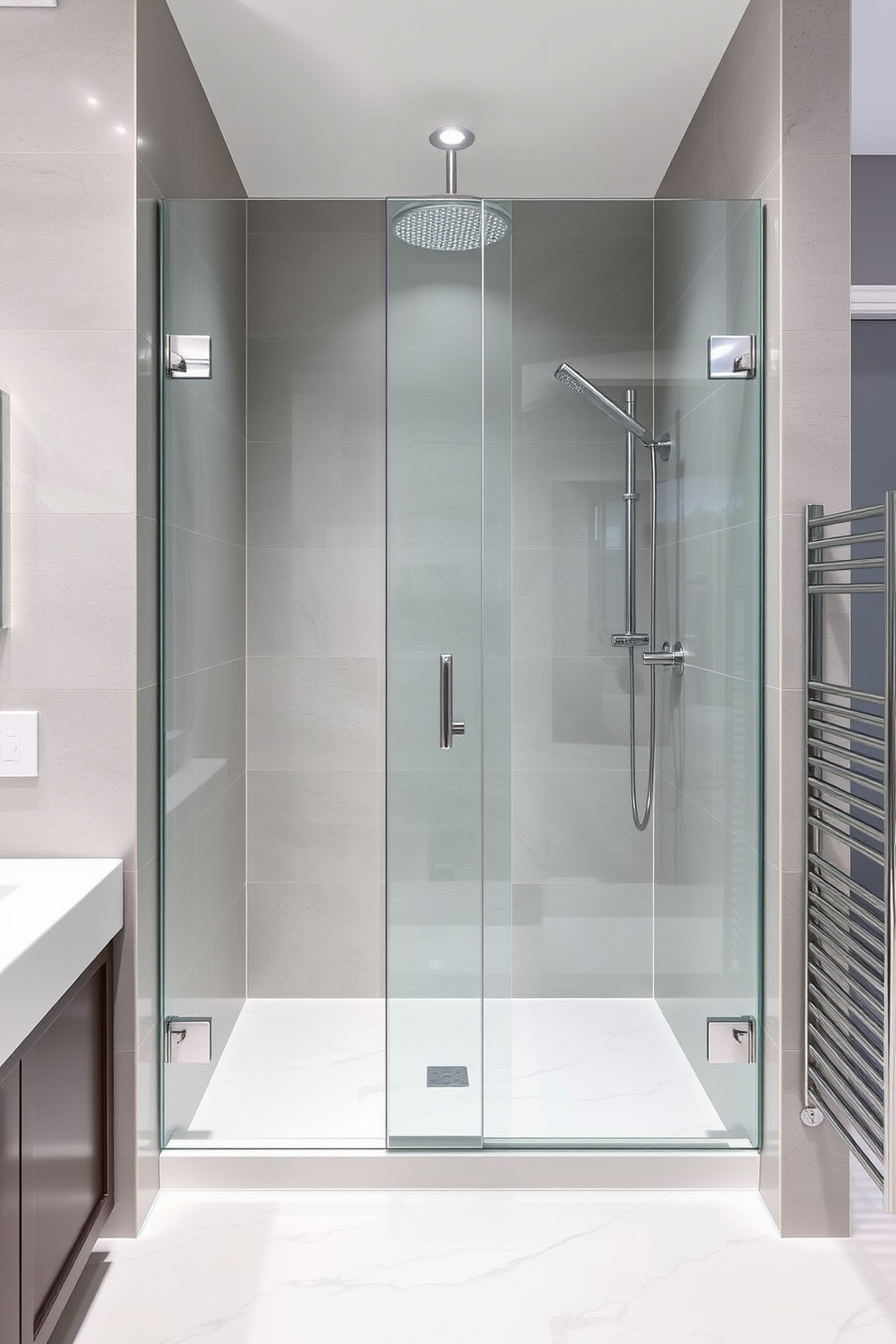 A modern bathroom design featuring a glass shower enclosure with sleek chrome fixtures. The walls are adorned with large format tiles in a soft gray, and the floor is finished with elegant white marble.