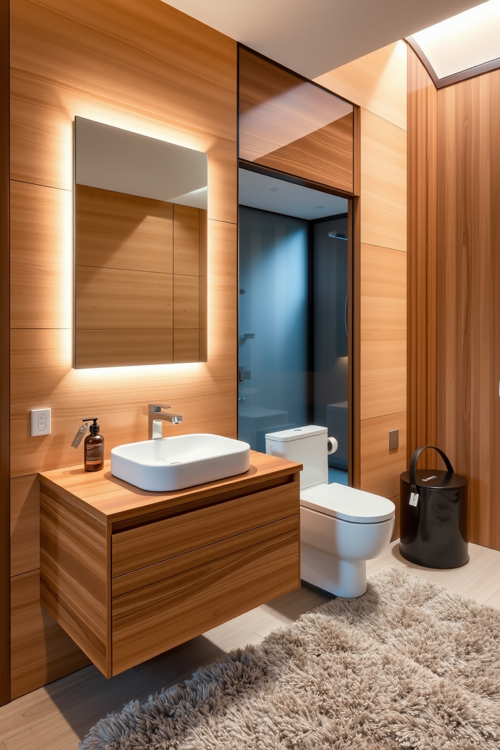 A modern bathroom design featuring warm wood tones creates a cozy atmosphere. The space includes a sleek wooden vanity with a deep sink and a stylish wall-mounted faucet, complemented by soft ambient lighting. The walls are adorned with natural wood paneling, enhancing the warmth of the room. A large frameless mirror reflects the light, while a plush area rug adds comfort underfoot.